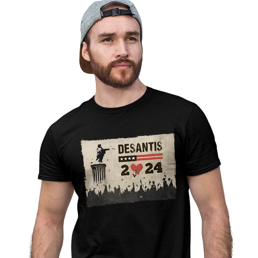 Desantis 2024 Heavy Cotton T-Shirt displayed on a mannequin, showcasing its graphic design and quality fabric.