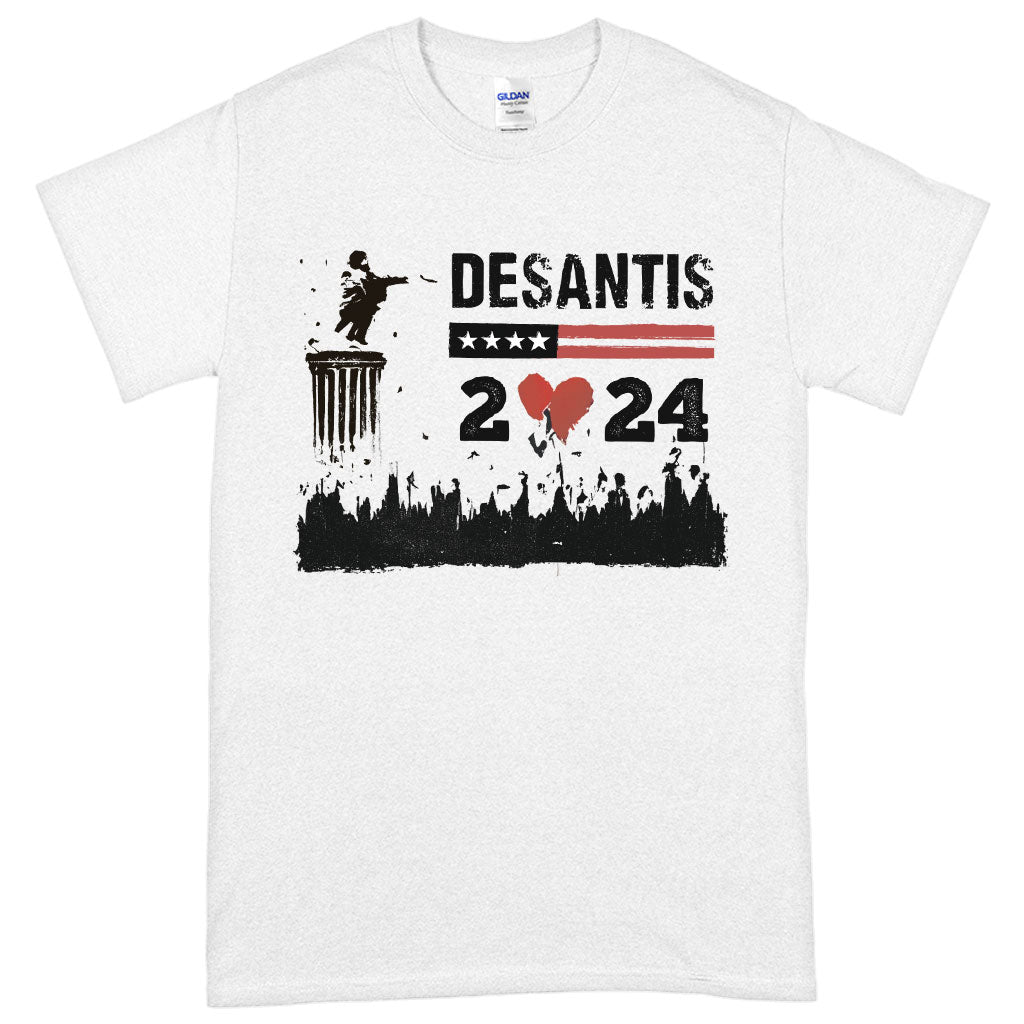 Desantis 2024 Heavy Cotton T-Shirt displayed on a mannequin, showcasing its graphic design and quality fabric.