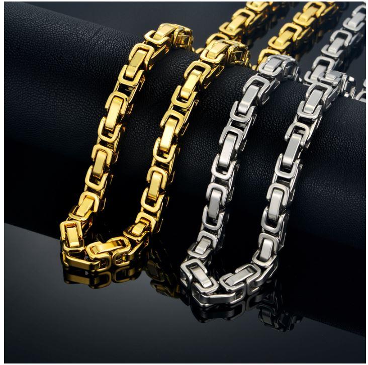 DEVIOUS Steel 8x8MM Byzantine Link Bundle featuring a 24-inch chain and 8.75-inch bracelet in various elegant platings.