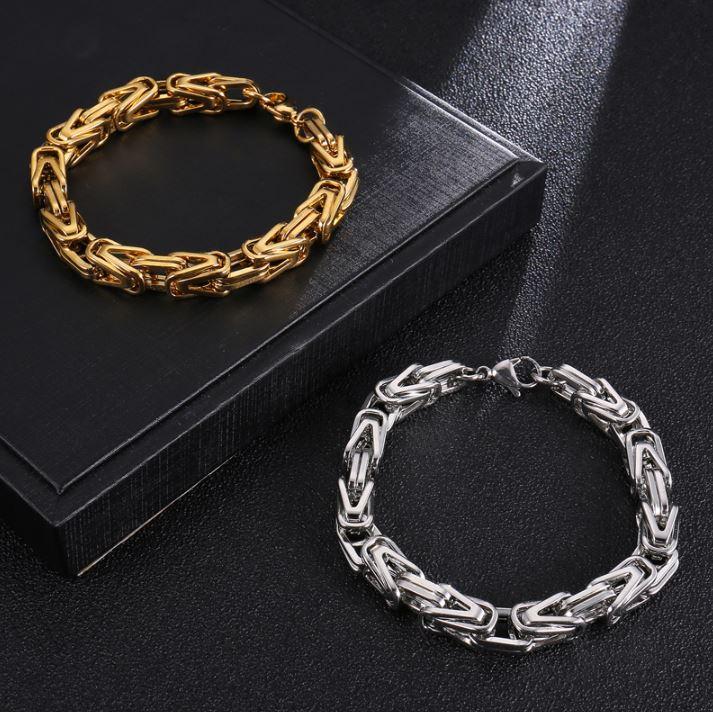 DEVIOUS Steel 8x8MM Byzantine Link Bundle featuring a 24-inch chain and 8.75-inch bracelet in various elegant platings.