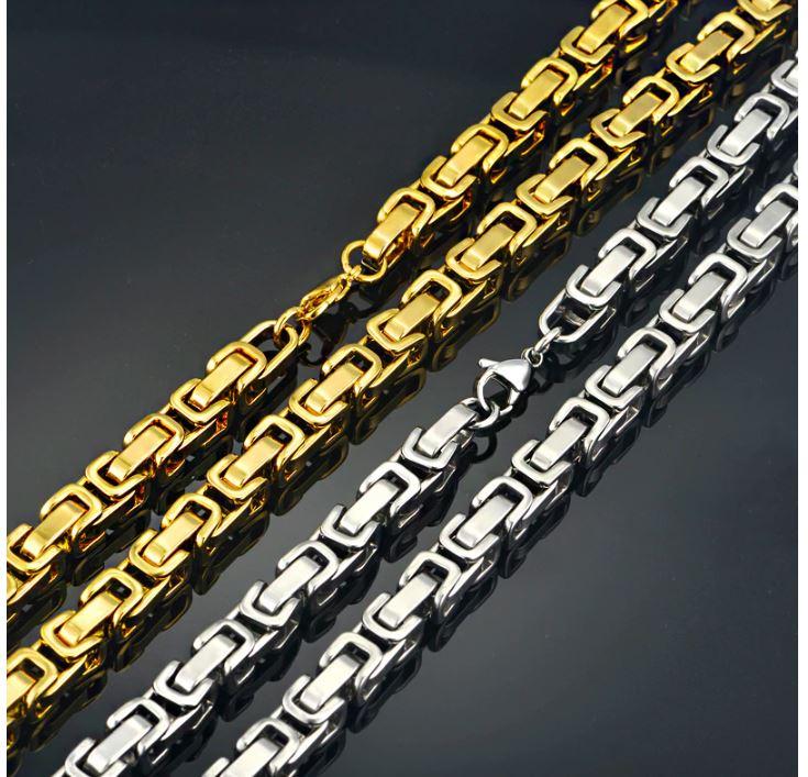 DEVIOUS Steel 8x8MM Byzantine Link Bundle featuring a 24-inch chain and 8.75-inch bracelet in various elegant platings.