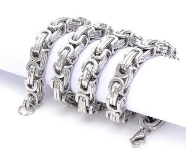 DEVIOUS Steel 8x8MM Byzantine Link Bundle featuring a 24-inch chain and 8.75-inch bracelet in various elegant platings.