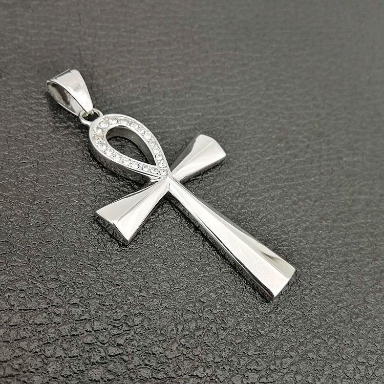 DEVOUT Steel Pendant featuring a cross design embellished with cubic zirconia, showcasing its elegant craftsmanship.