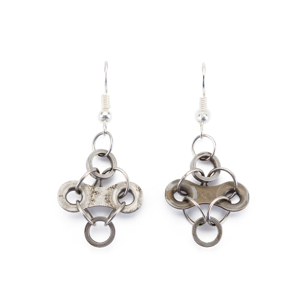 Handmade Diamond Bicycle Chain Earrings in three colors, crafted from recycled bike chains, showcasing unique design and eco-friendly materials.