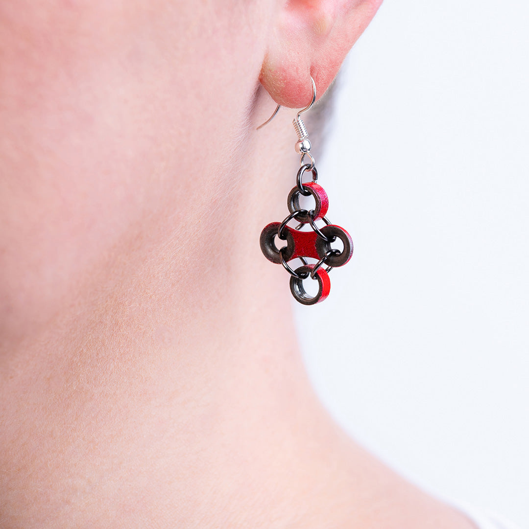 Handmade Diamond Bicycle Chain Earrings in three colors, crafted from recycled bike chains, showcasing unique design and eco-friendly materials.