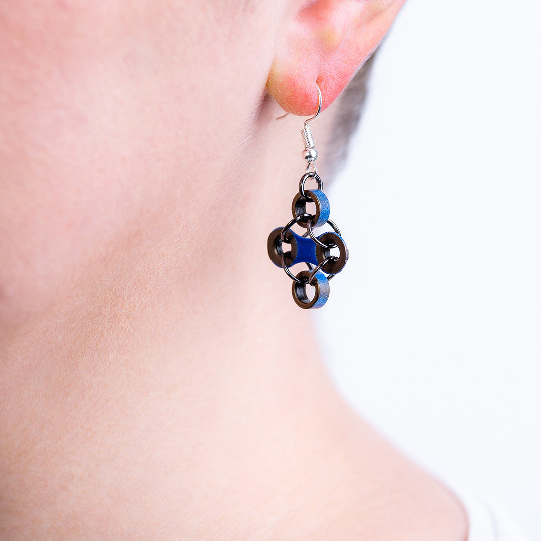 Handmade Diamond Bicycle Chain Earrings in three colors, crafted from recycled bike chains, showcasing unique design and eco-friendly materials.