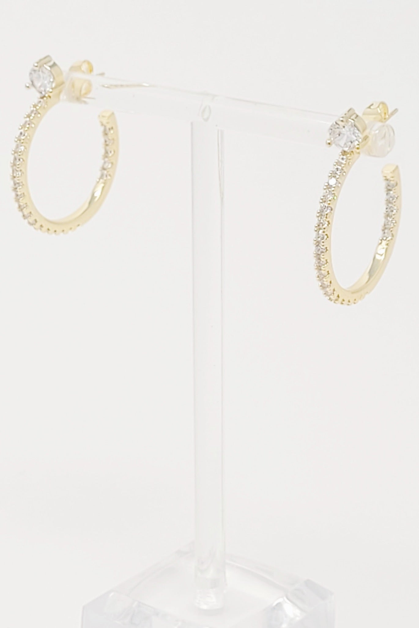 Stylish Diamond On Top Hoop Earrings featuring 18K gold plating and sparkling cubic zirconia, perfect for any occasion.