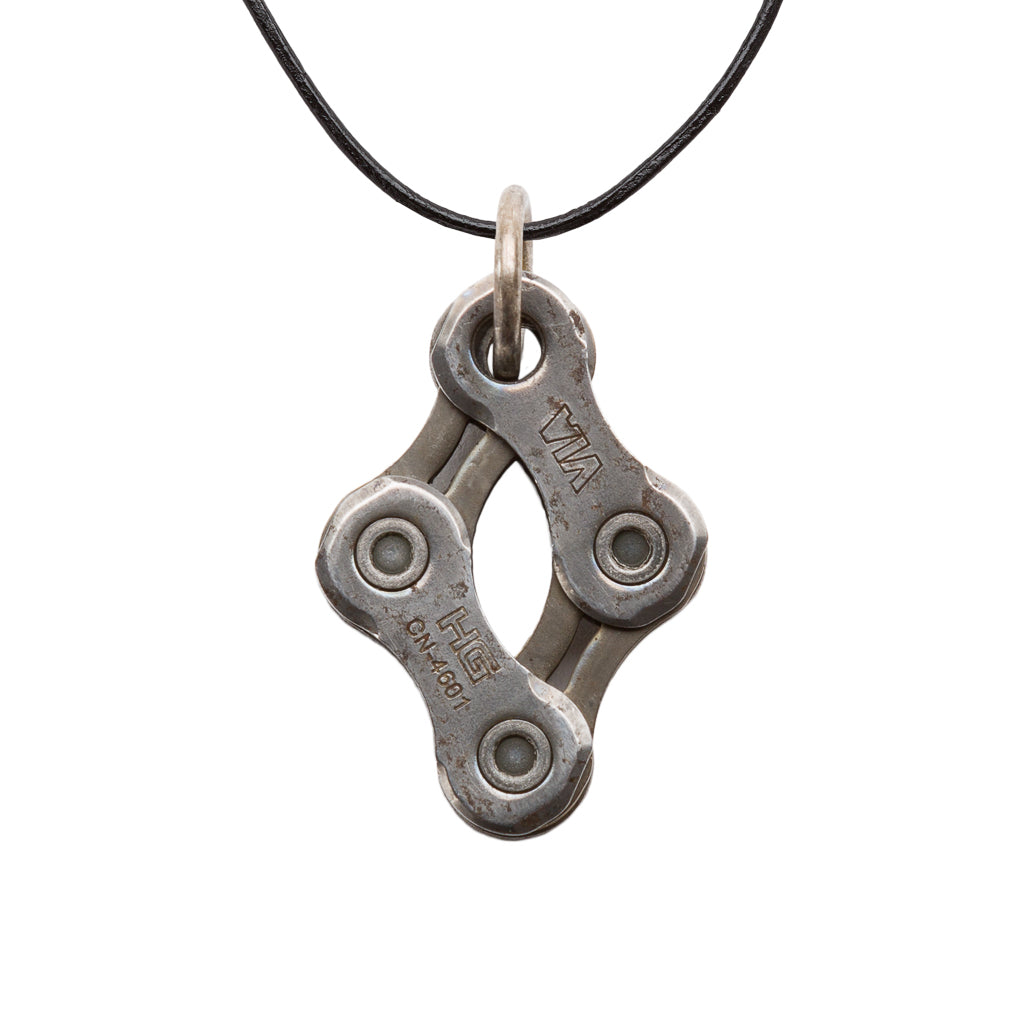 Diamond Recycled Bike Chain Pendant Necklace with leather cord, showcasing unique handmade design and eco-friendly materials.