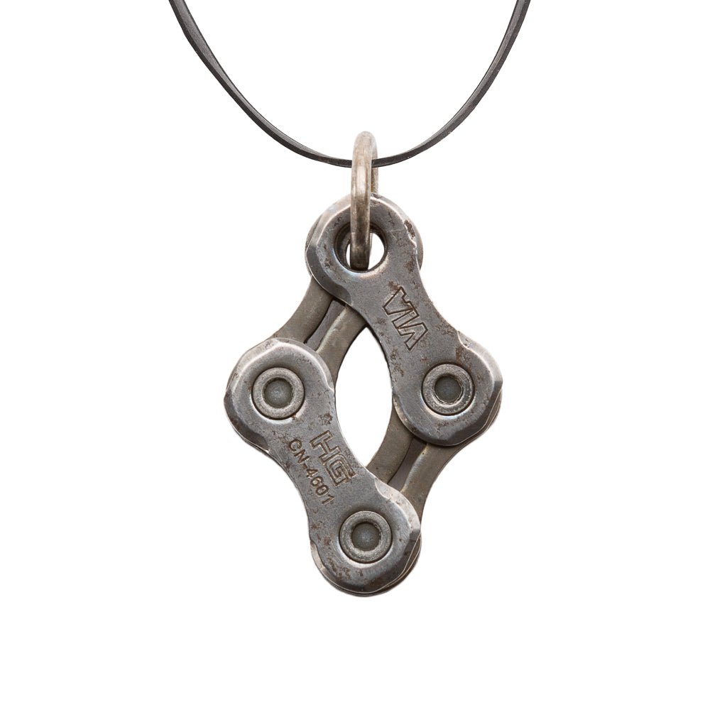 Diamond Recycled Bike Chain Pendant Necklace with leather cord, showcasing unique handmade design and eco-friendly materials.