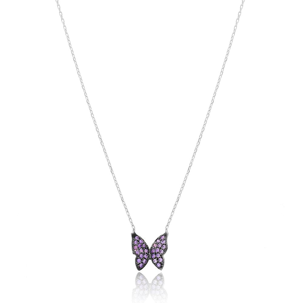 A shiny DIANA Butterfly Necklace featuring round brilliant cut amethysts set in 925 sterling silver, showcasing a delicate chain.