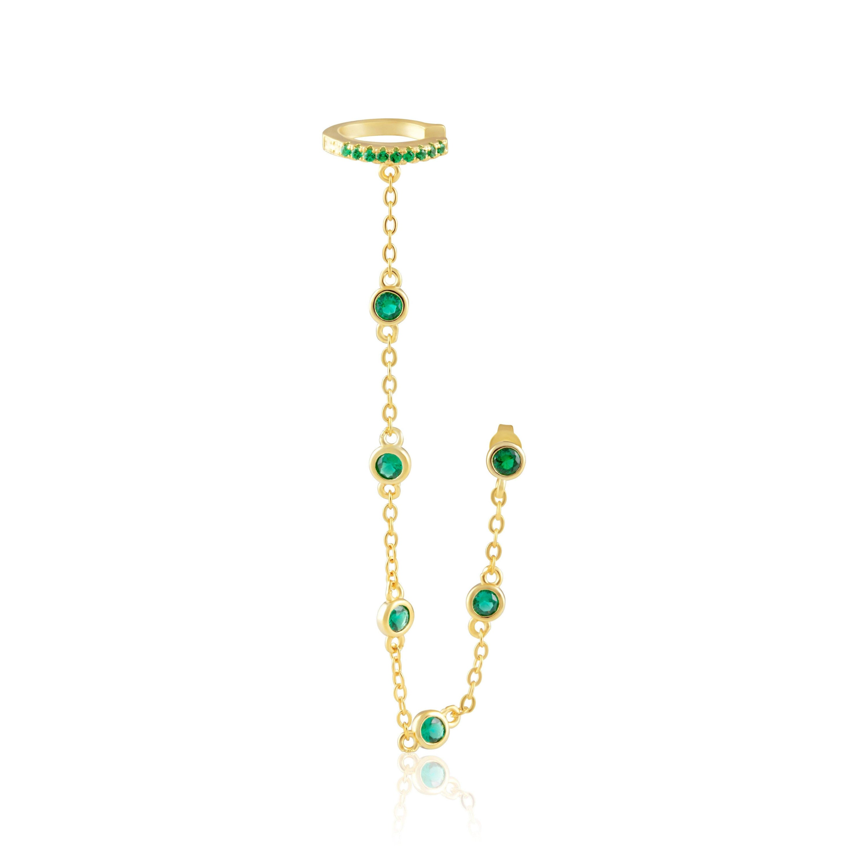 Diana Ear Cuff in Emerald featuring a 4-inch chain with cz stones, elegantly designed in 18k gold plated stainless steel.