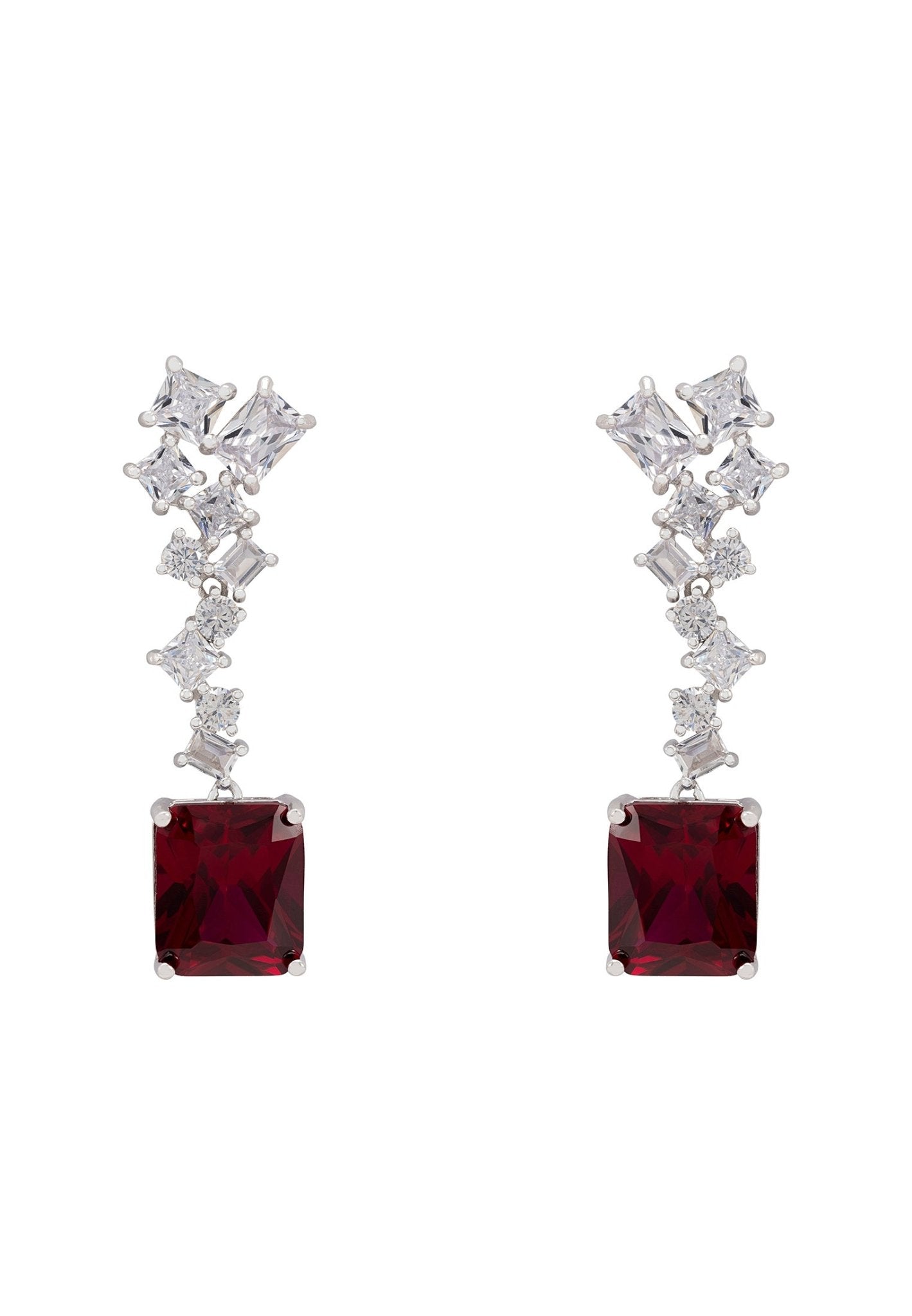 Diana Ruby Drop Earrings in silver featuring a large rectangular ruby gemstone and simulated diamonds in an intricate design.