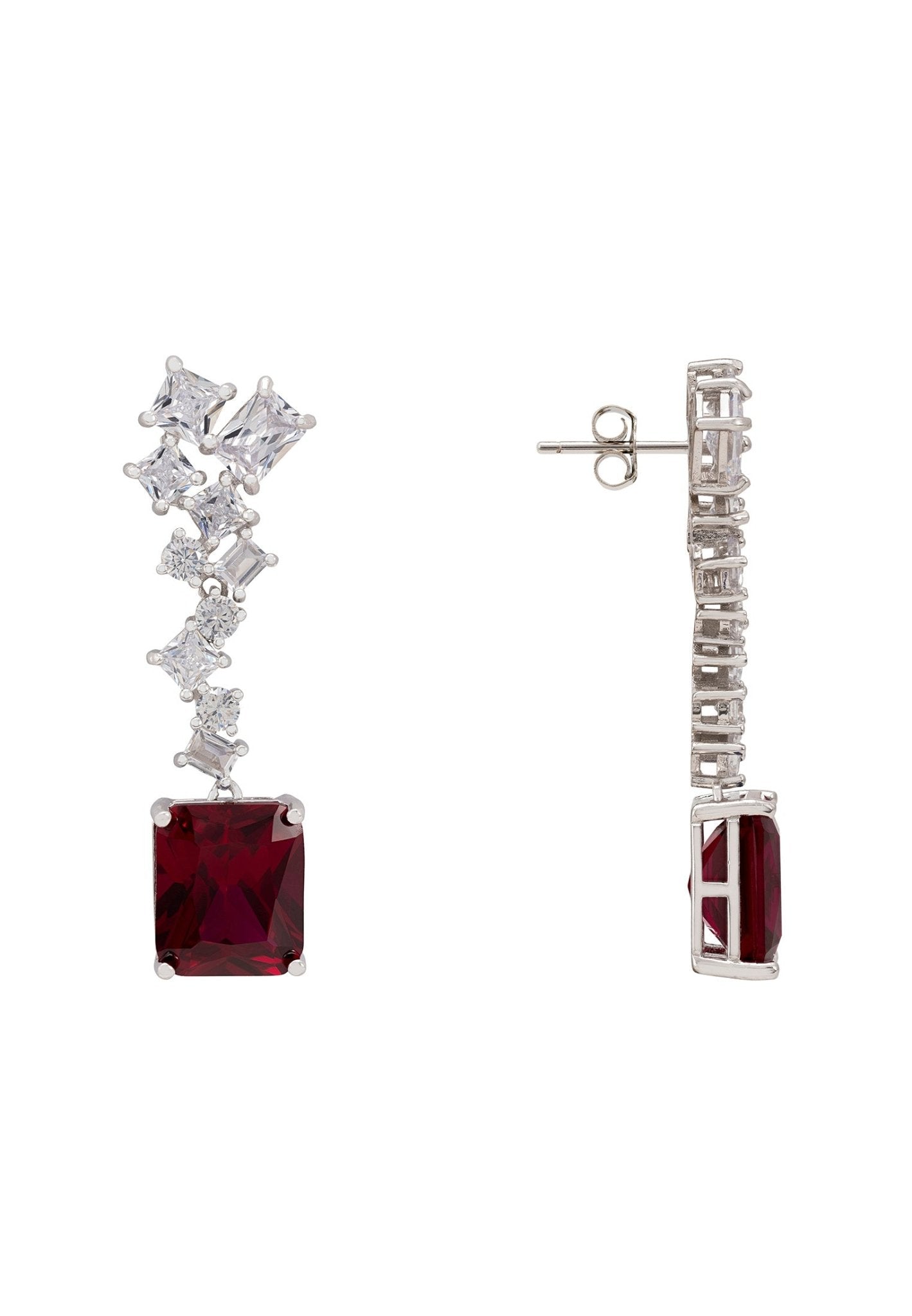 Diana Ruby Drop Earrings in silver featuring a large rectangular ruby gemstone and simulated diamonds in an intricate design.