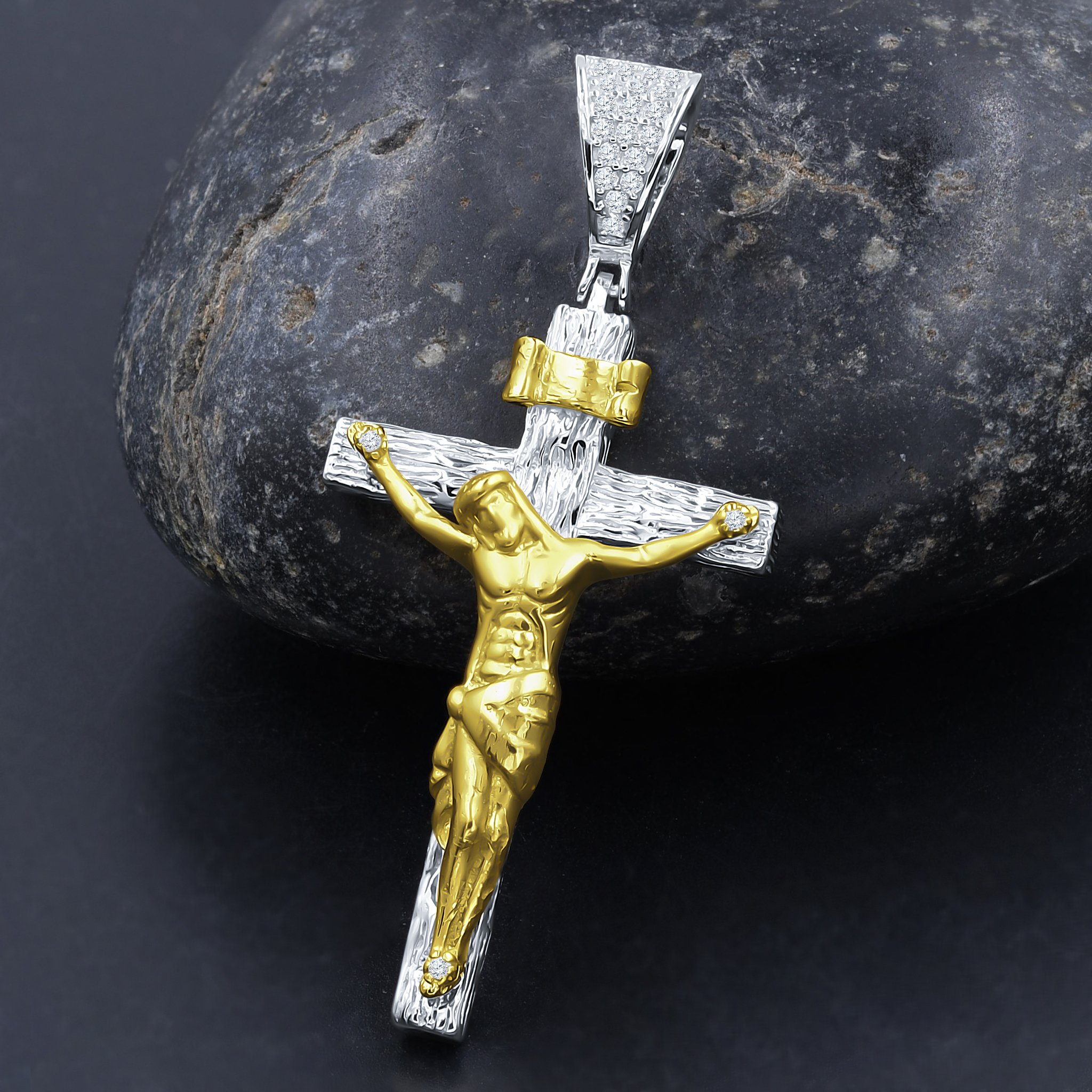 DIEFORM Silver Pendant featuring a cross design with cubic zircon stones, crafted from 925 sterling silver, elegantly displayed on a soft background.