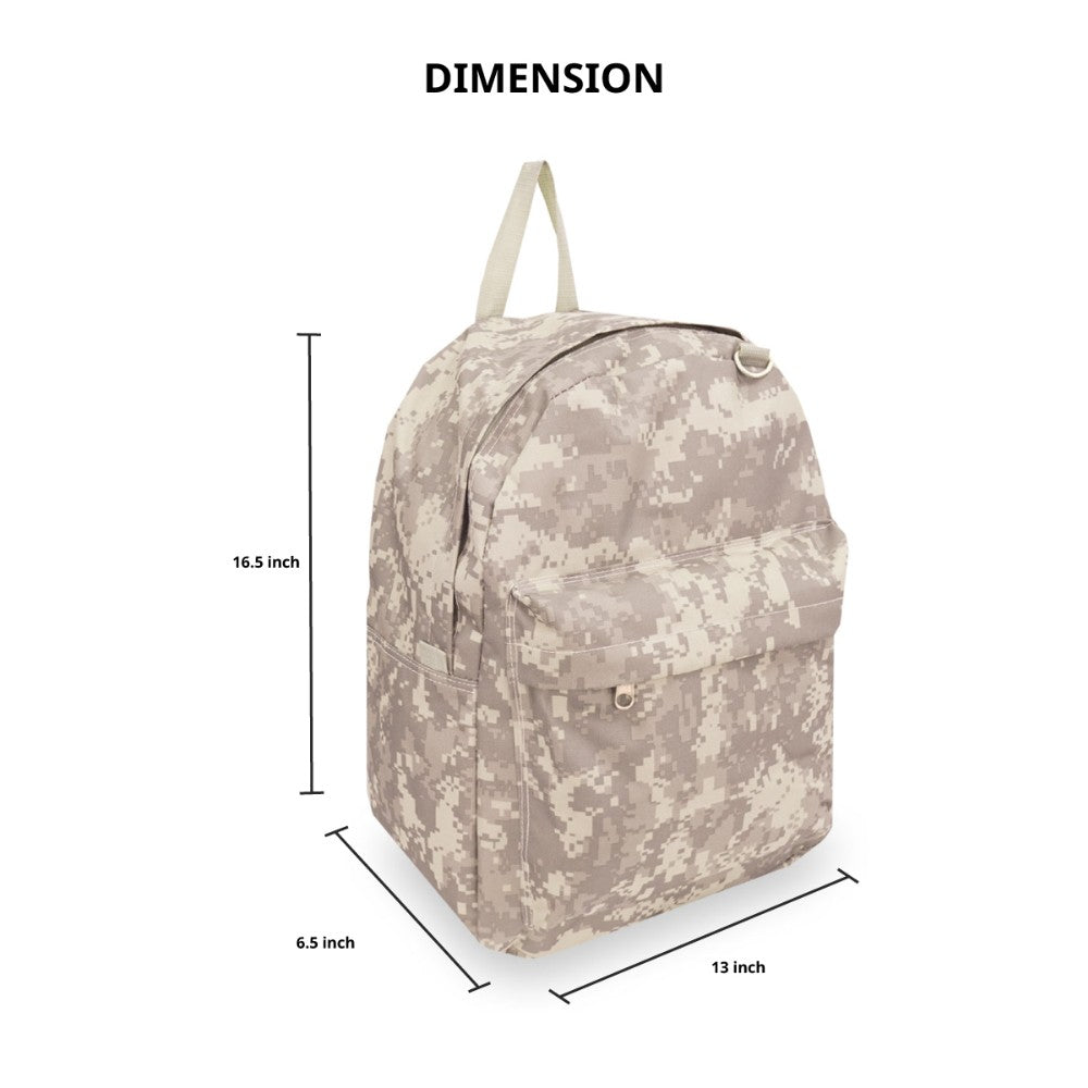 Digital Camo Backpack featuring padded straps and front zippered pocket in a stylish camouflage design.