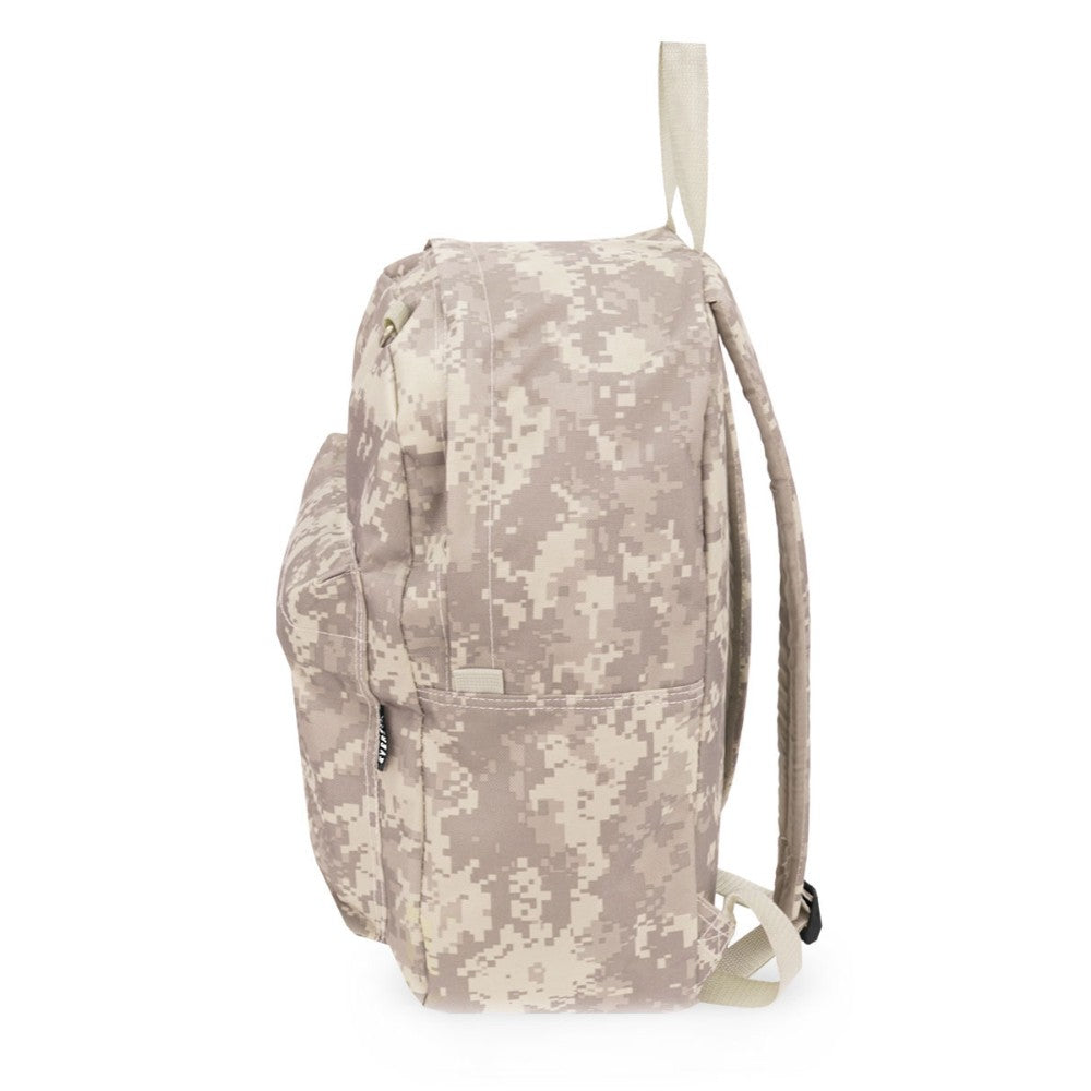 Digital Camo Backpack featuring padded straps and front zippered pocket in a stylish camouflage design.