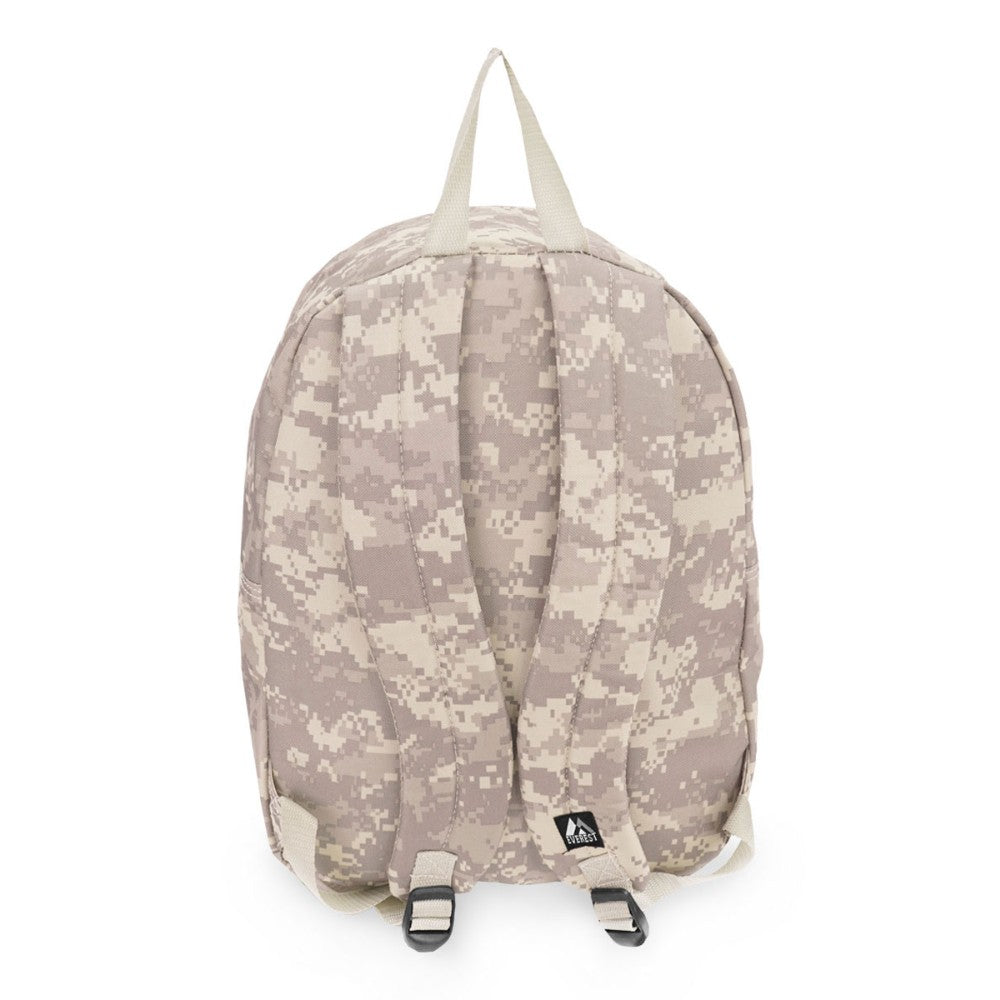 Digital Camo Backpack featuring padded straps and front zippered pocket in a stylish camouflage design.