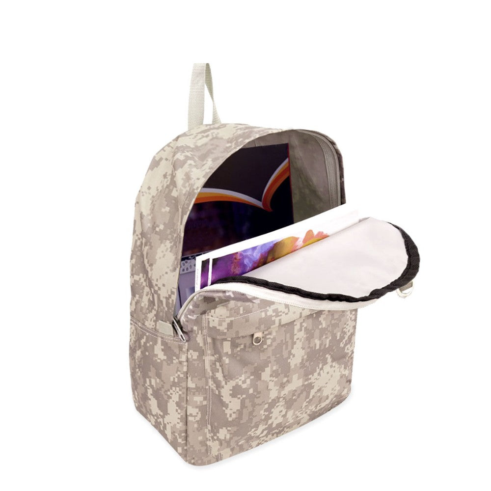 Digital Camo Backpack featuring padded straps and front zippered pocket in a stylish camouflage design.