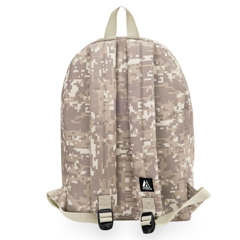 Digital Camo Basic Backpack featuring a modern design, spacious compartments, and durable 600D polyester material.