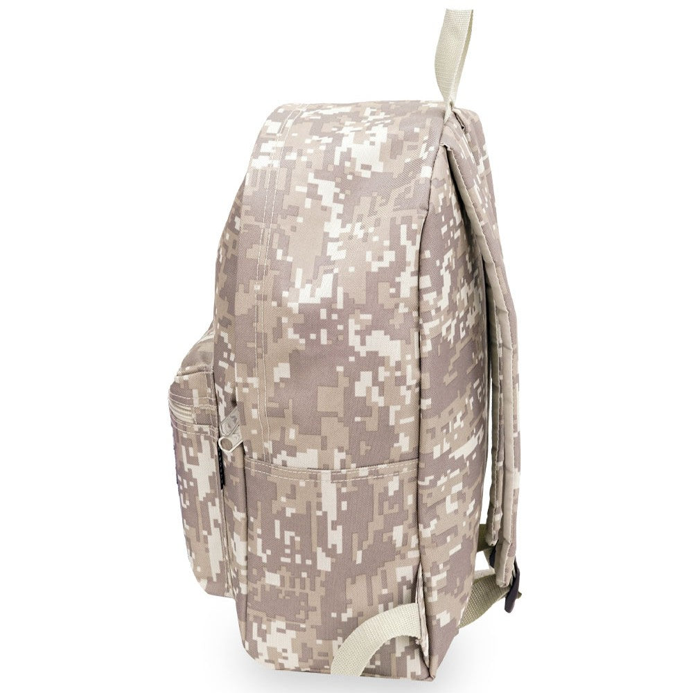 Digital Camo Basic Backpack featuring a modern design, spacious compartments, and durable 600D polyester material.