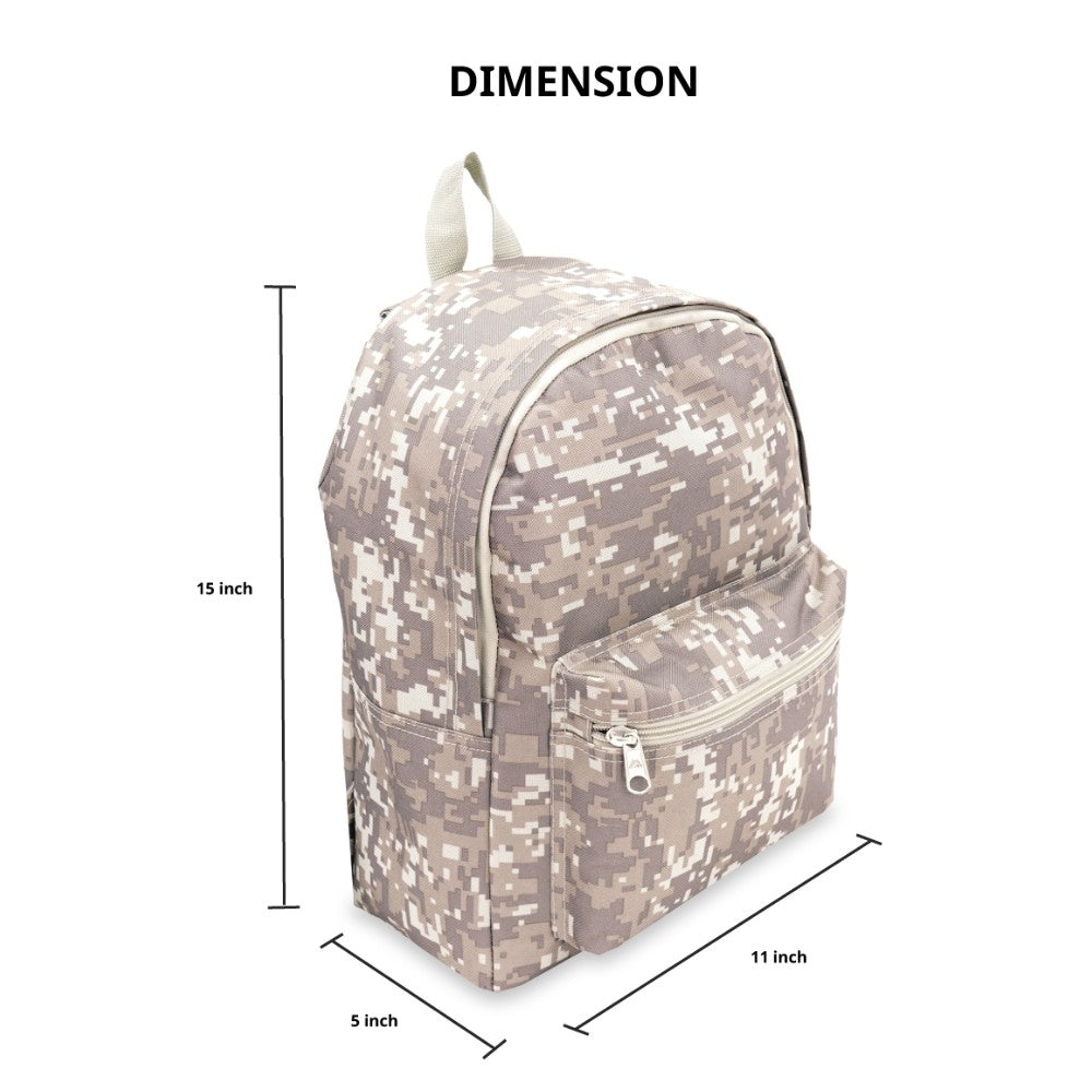 Digital Camo Basic Backpack featuring a modern design, spacious compartments, and durable 600D polyester material.