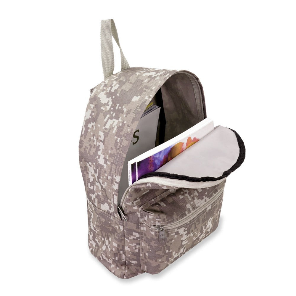 Digital Camo Basic Backpack featuring a modern design, spacious compartments, and durable 600D polyester material.