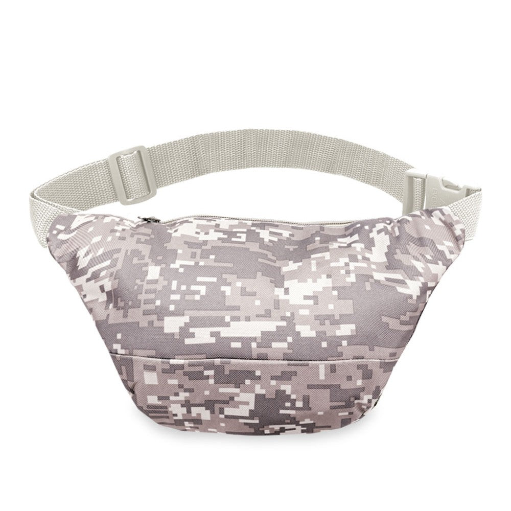 Digital Camo Waist Pack made of clear vinyl, featuring three zippered compartments and a snap waist buckle, ideal for security and sporting events.