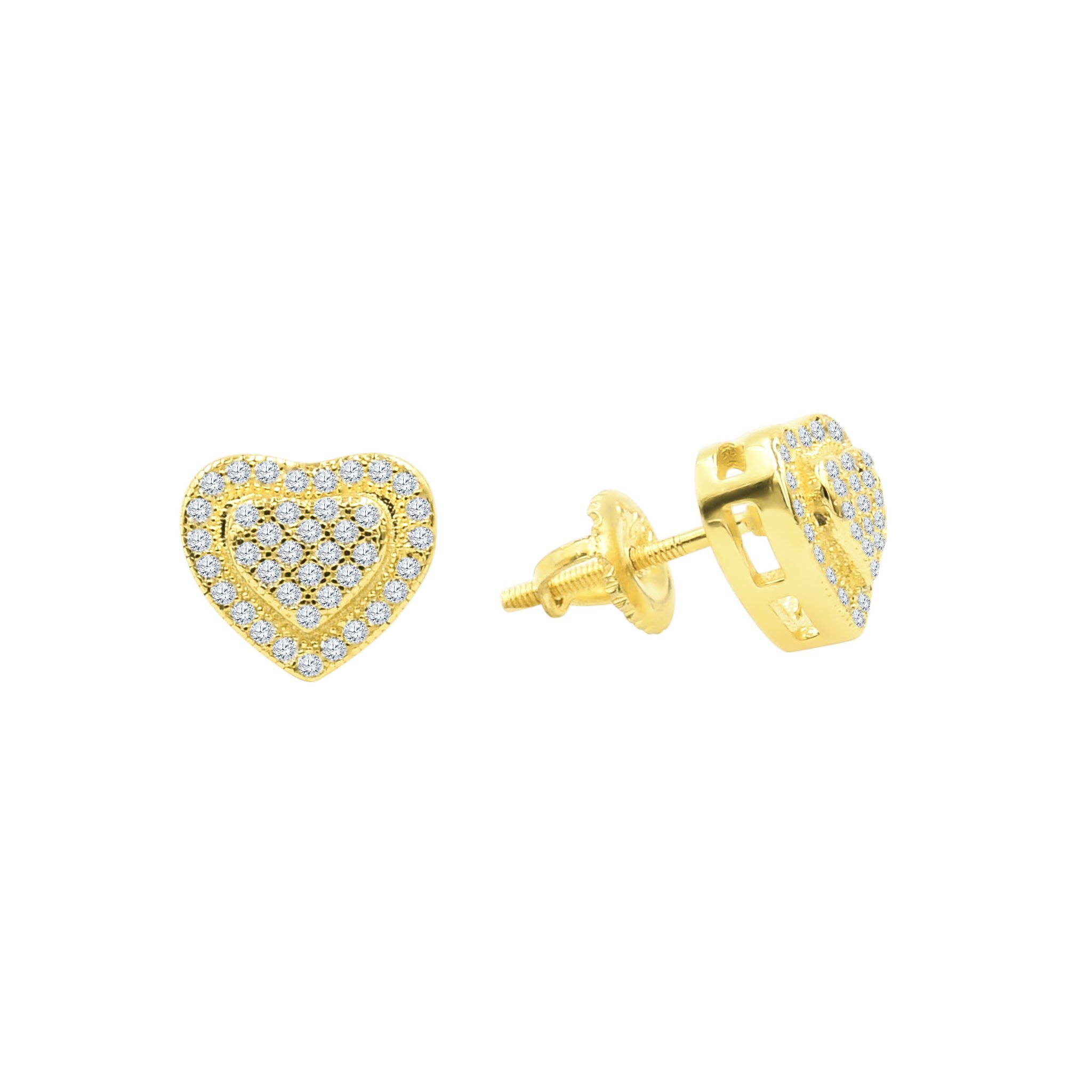 Diminutive heart-shaped screw back earrings with sparkling cubic zirconia stones, gold-plated brass finish.