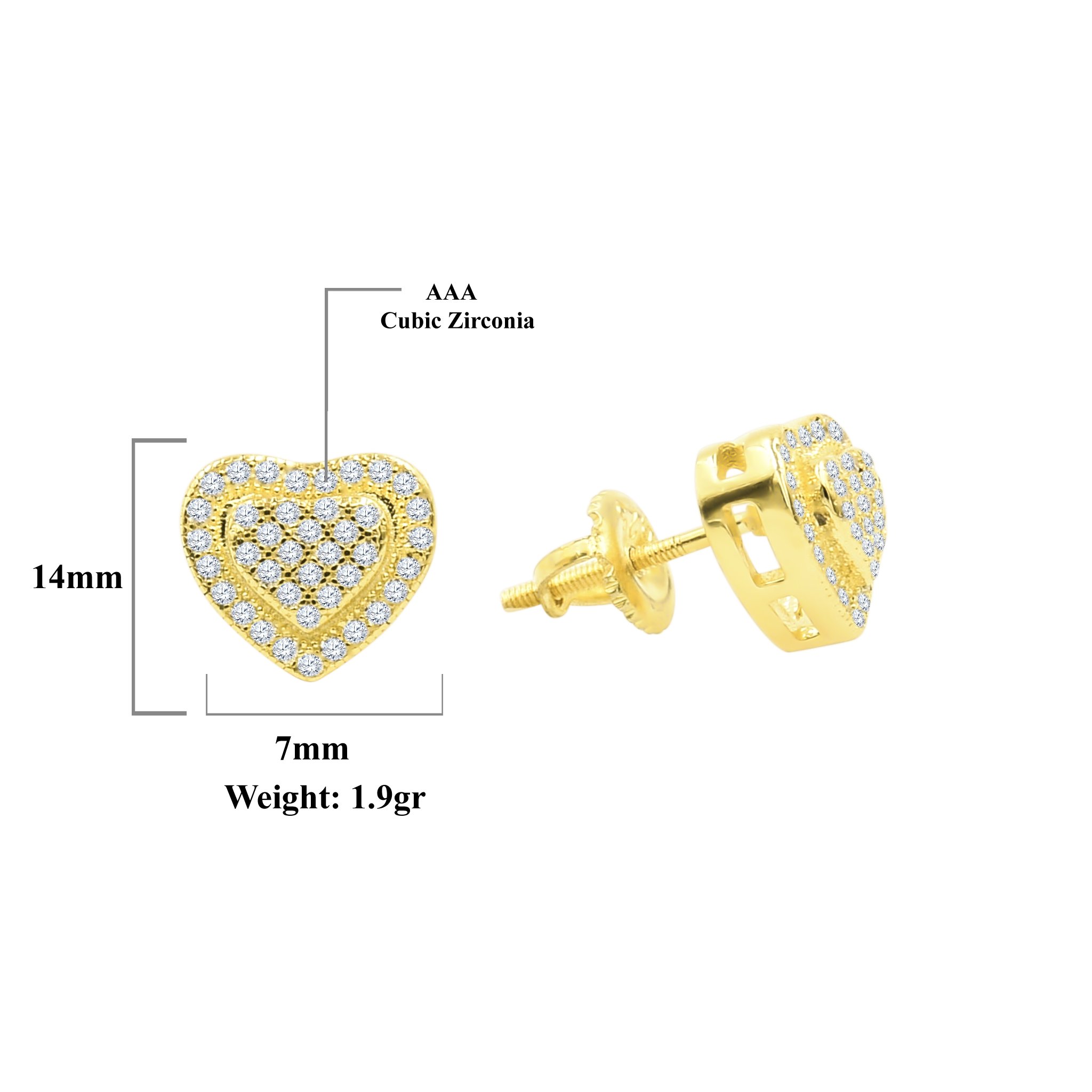 Diminutive heart-shaped screw back earrings with sparkling cubic zirconia stones, gold-plated brass finish.