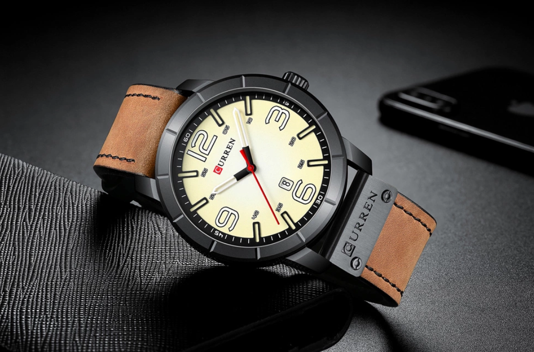 DISHY Curren Leather watch featuring alloy metal, Japanese movement, and water-resistant design, showcasing a rugged yet elegant look.