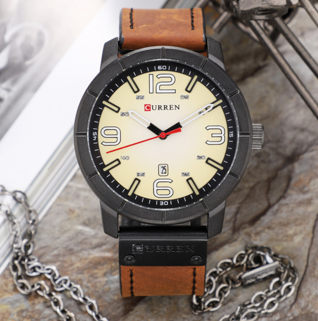 DISHY Curren Leather watch featuring alloy metal, Japanese movement, and water-resistant design, showcasing a rugged yet elegant look.