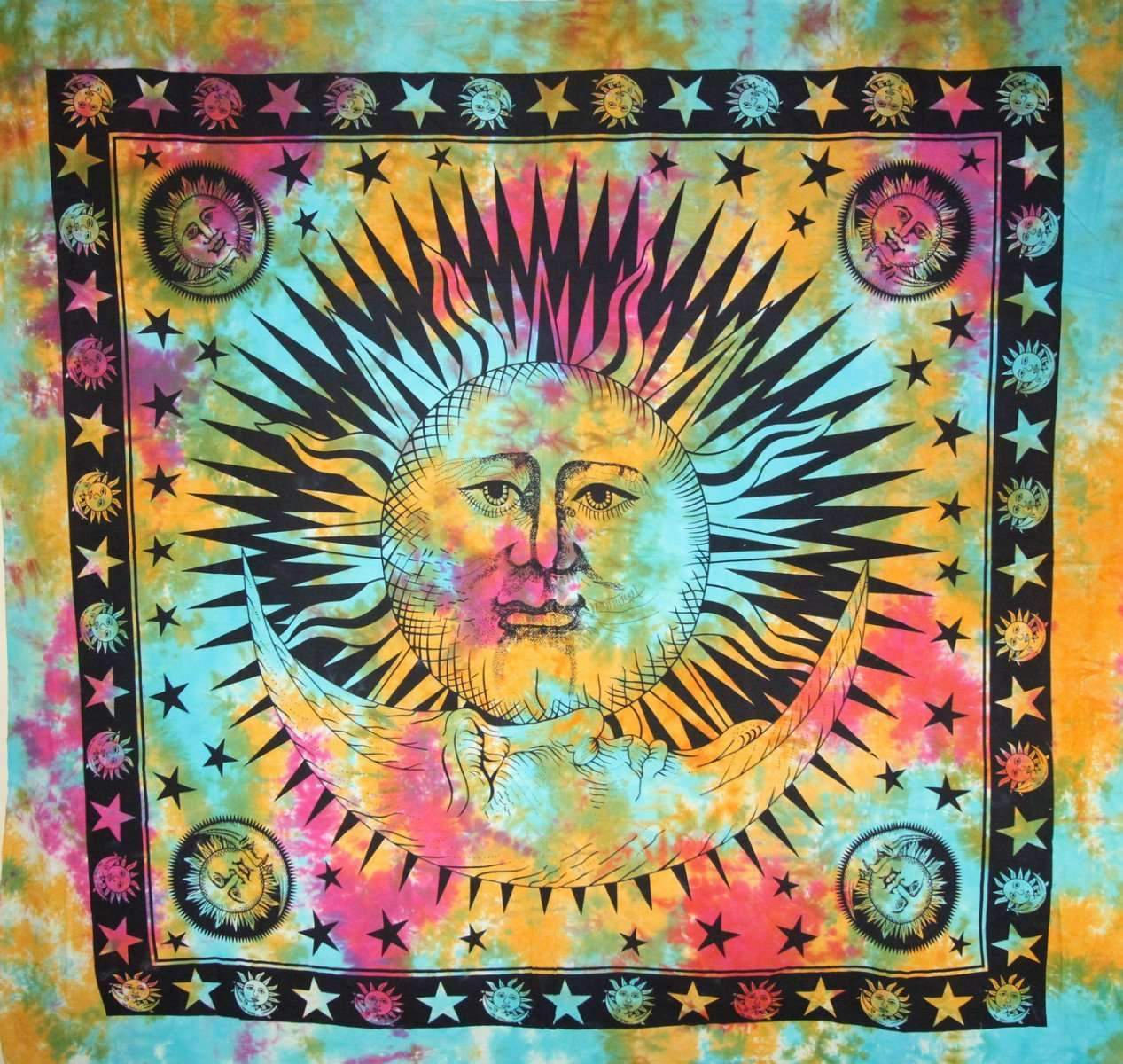 A vibrant tapestry featuring a divine sun and crescent moon design with a tie-dye backdrop and small floating stars.