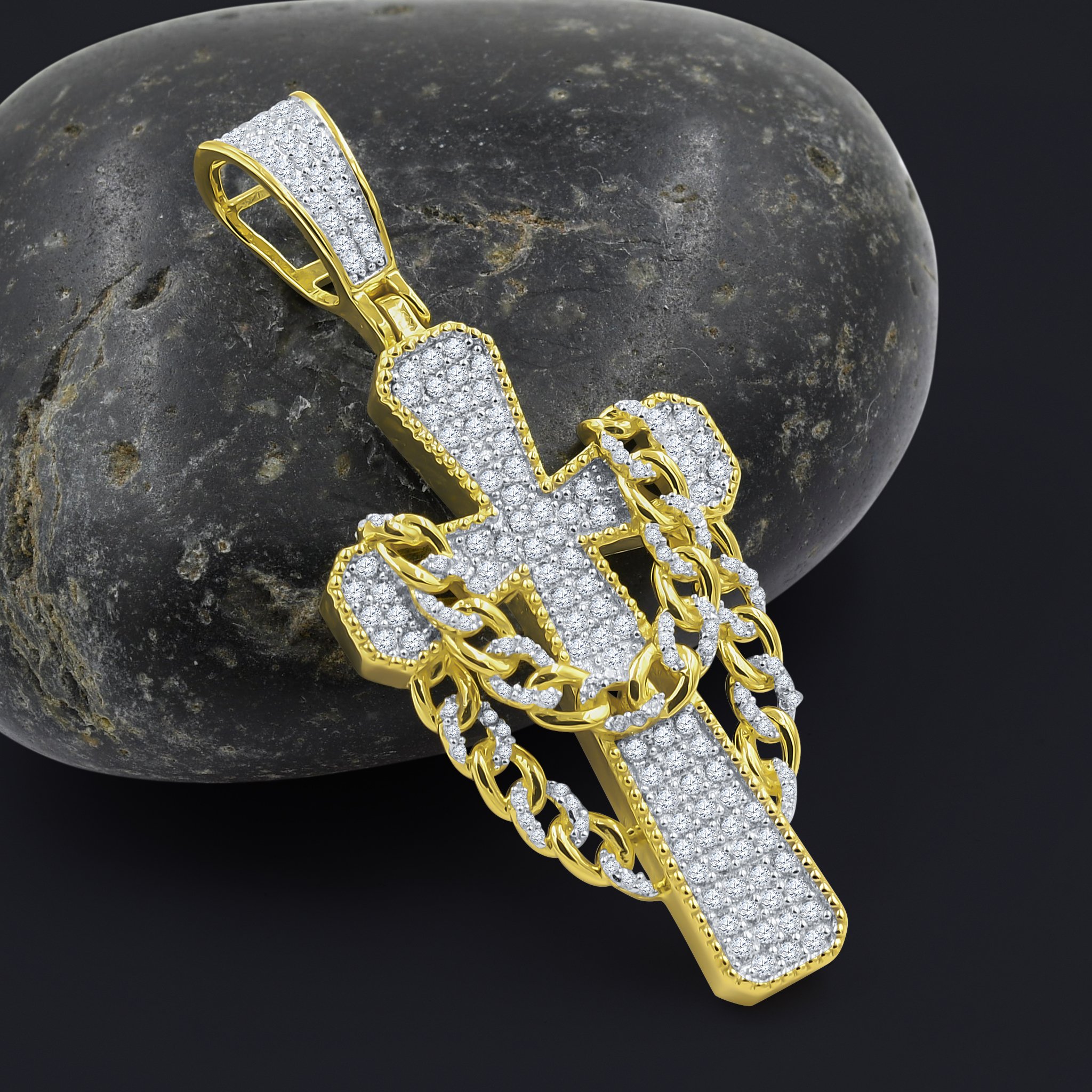 DOCTRINE LOCKET I 9217252 cross pendant made of 925 sterling silver with sparkling cubic zirconia stones, featuring dangling chains.