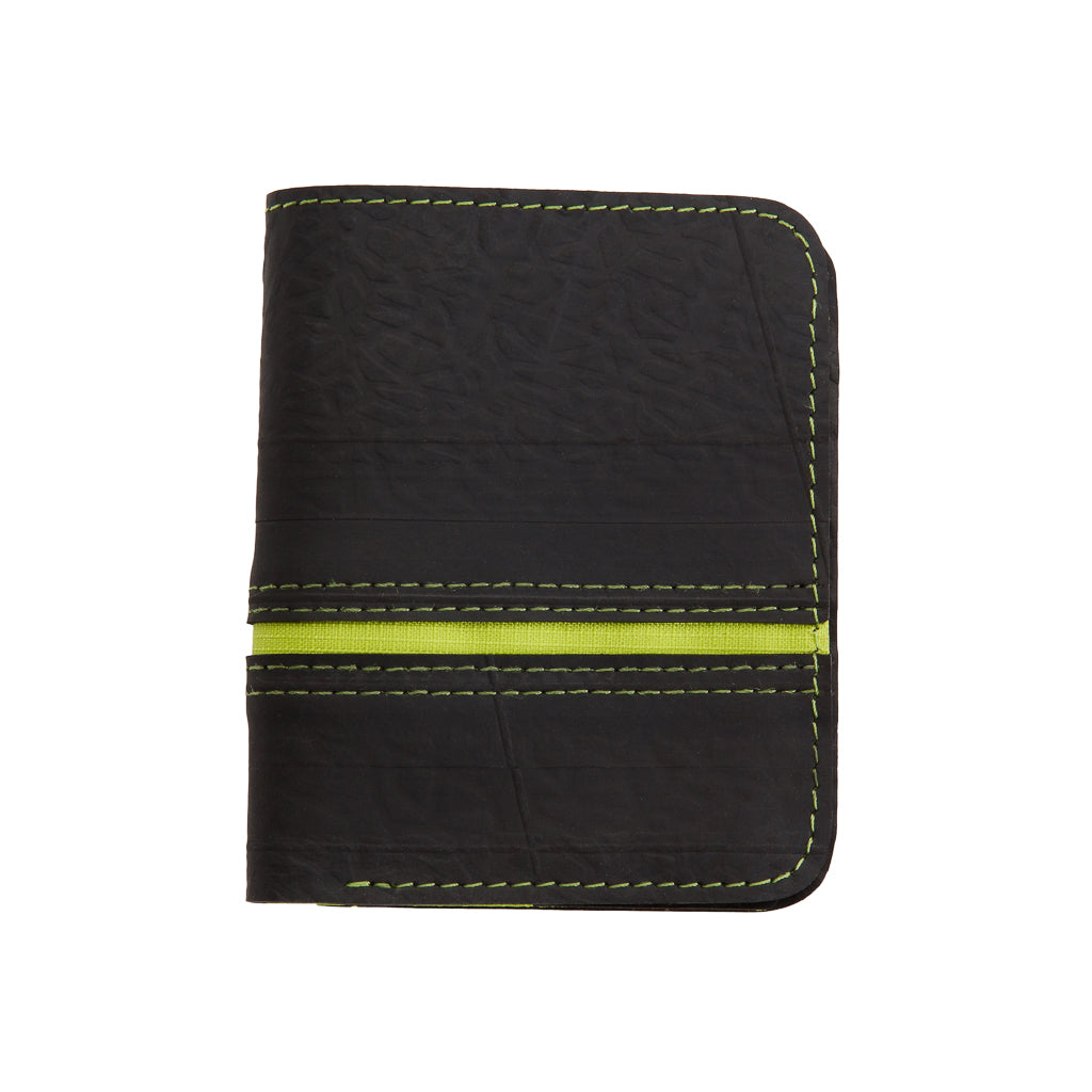 Dody Slimline Inner Tube Wallet showcasing unique recycled rubber texture and vibrant stitching, available in multiple colors.