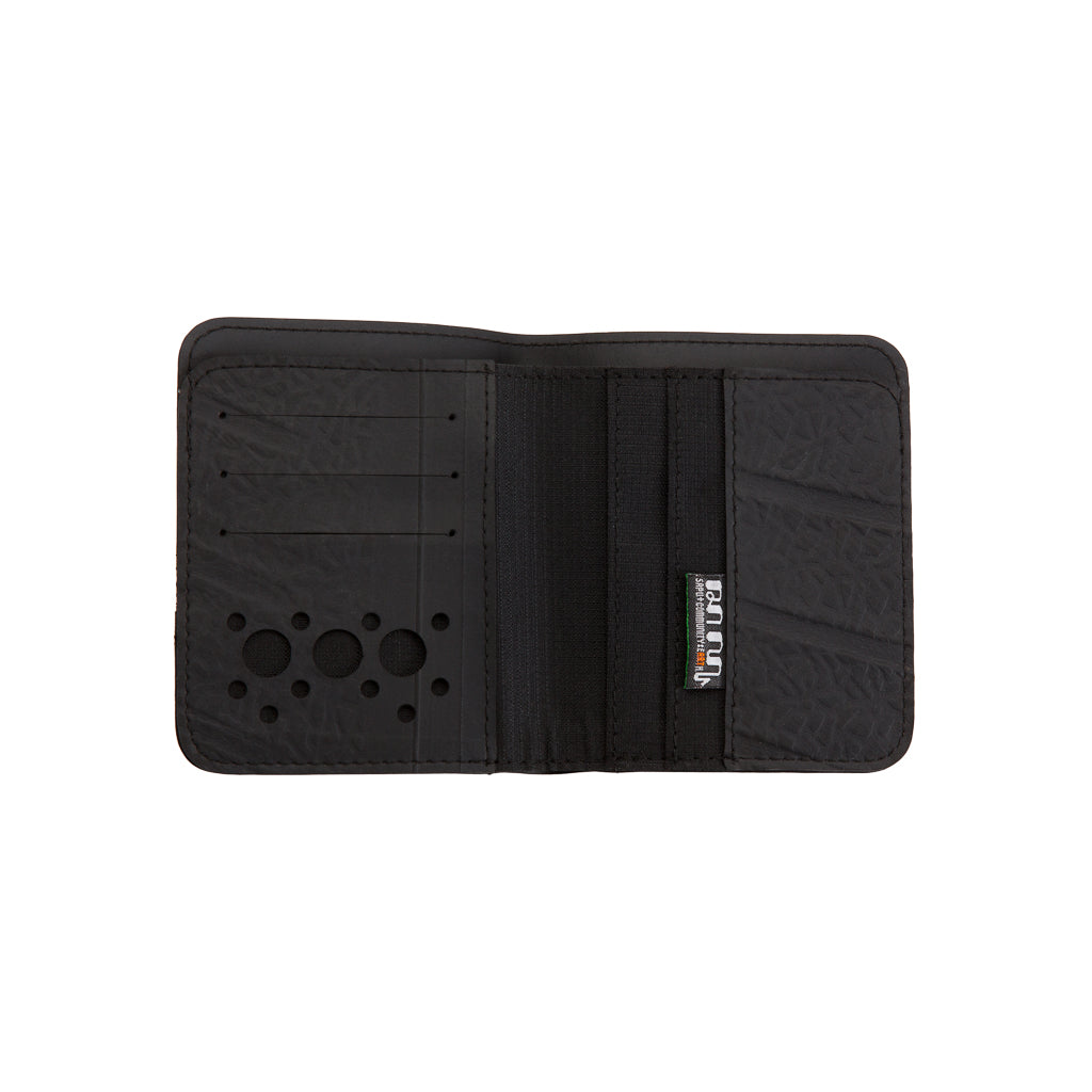 Dody Slimline Inner Tube Wallet showcasing unique recycled rubber texture and vibrant stitching, available in multiple colors.