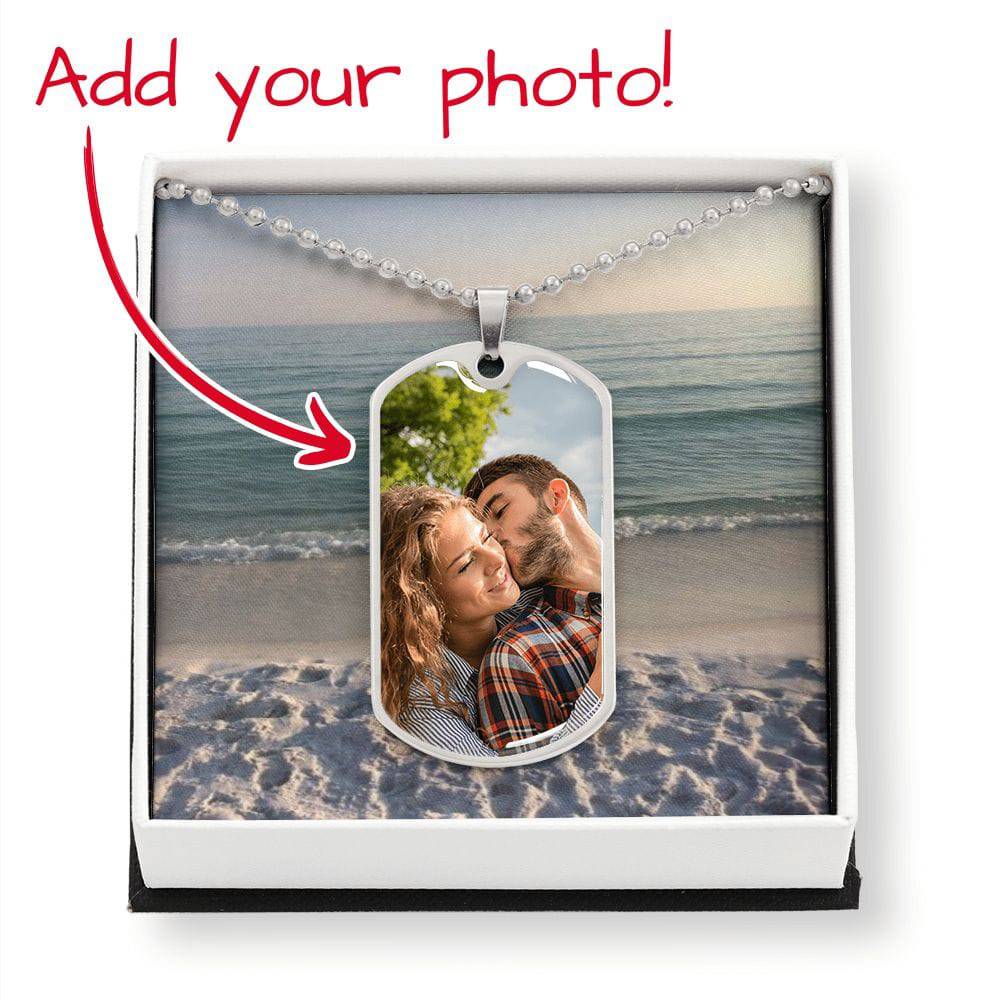 A stylish Dog Tag made of surgical steel with a liquid glass coating, featuring a customizable photo and engraving options.