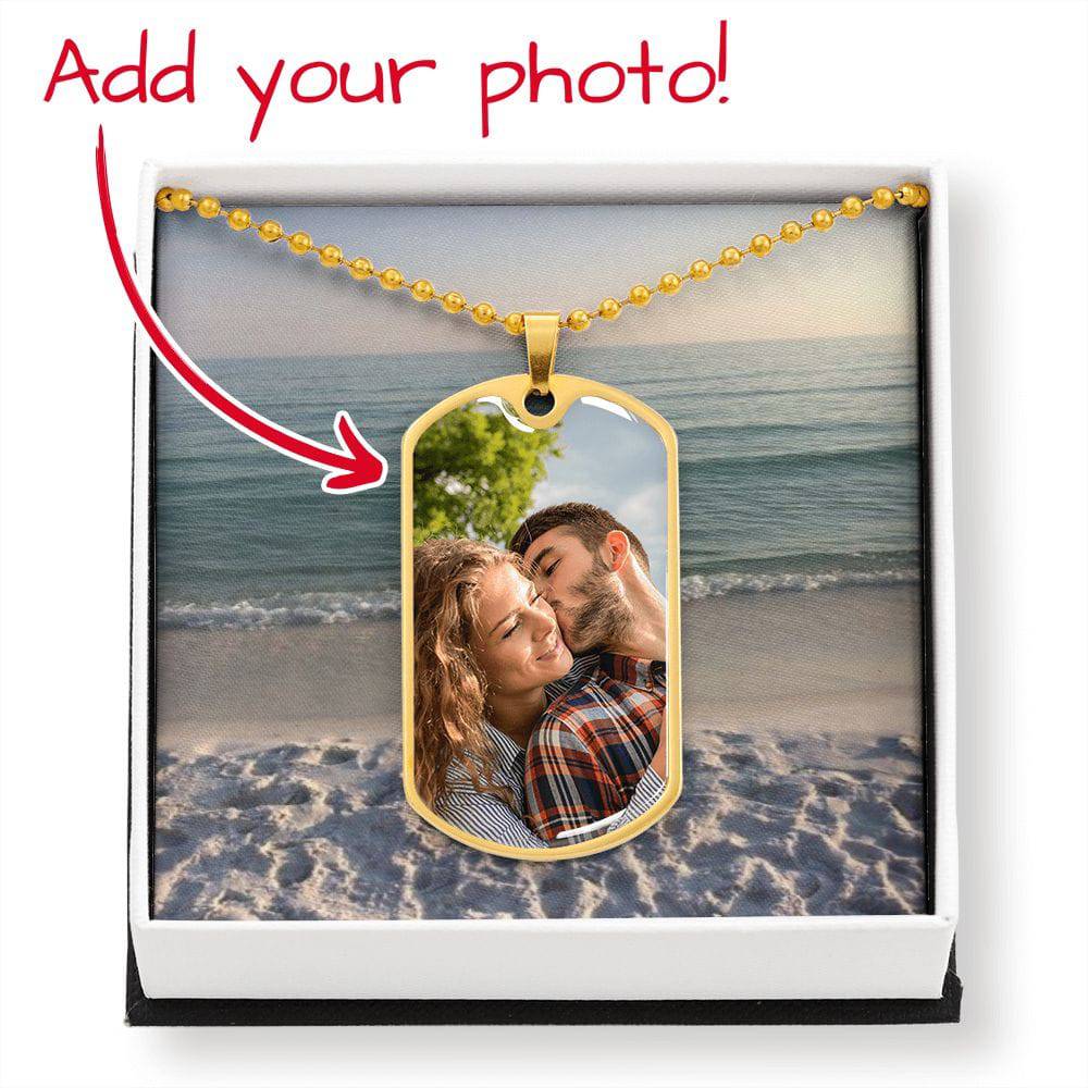 A stylish Dog Tag made of surgical steel with a liquid glass coating, featuring a customizable photo and engraving options.