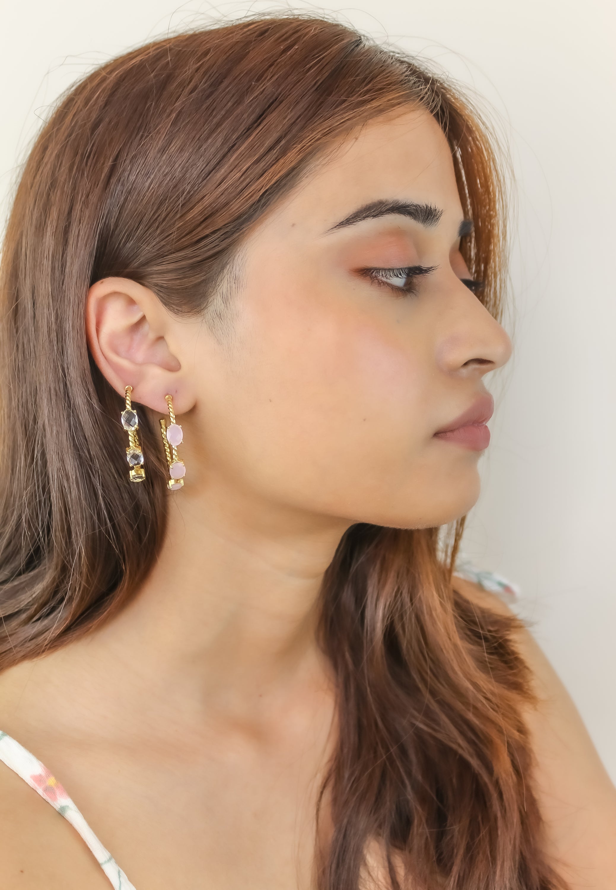 Elegant Doha Earrings featuring 18K gold plating and natural semi-precious stones, designed for pierced ears.