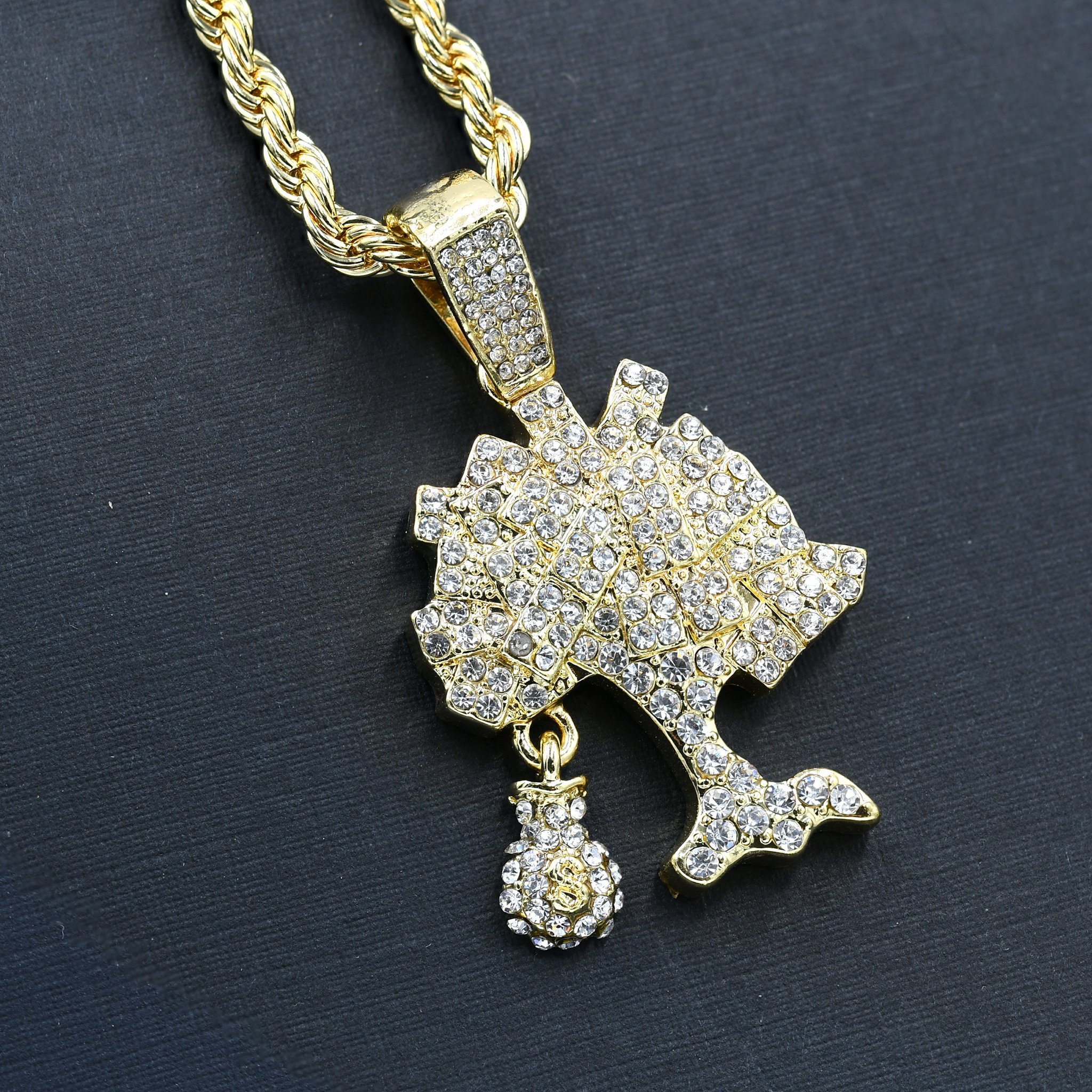 DOLLAR TREE AND CHARM - D912412 hip-hop chain with crystal-studded pendant on a 24'' rope chain, showcasing intricate design and elegance.