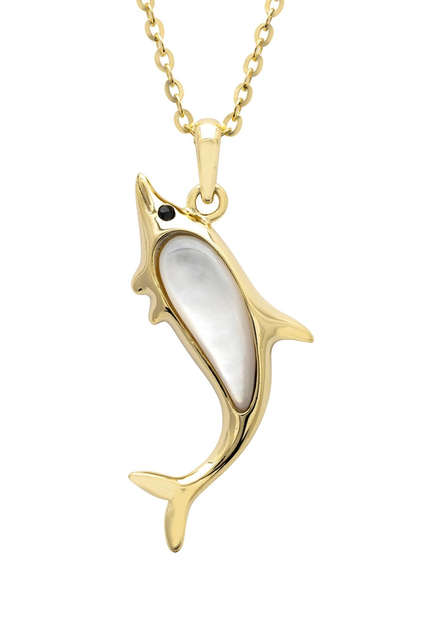 Dolphin Pearl Necklace Gold featuring a playful dolphin design with a teardrop-shaped pearl, elegantly crafted in 925 sterling silver and 18ct gold.