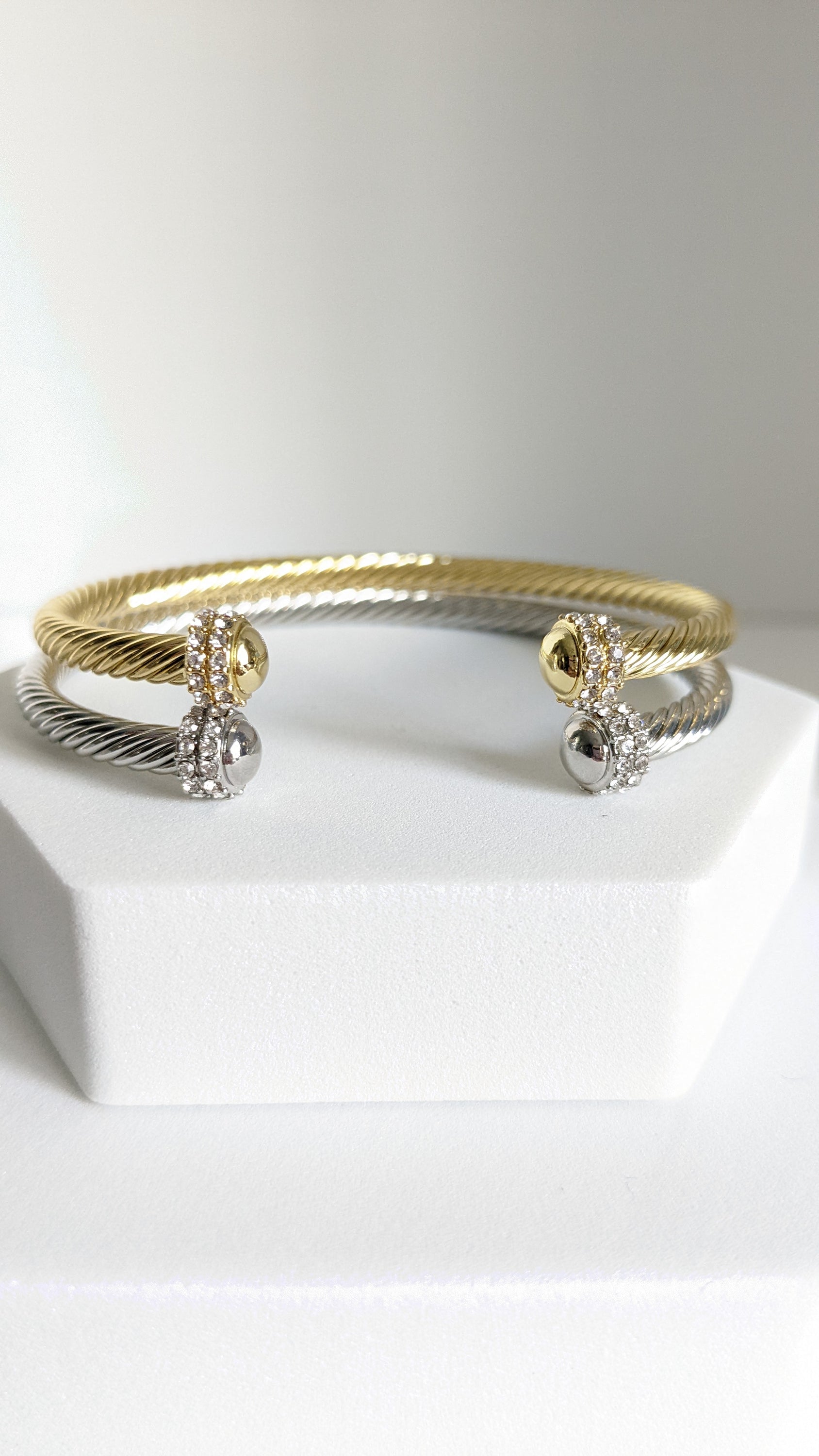 Elegant Dome Crystals Bangle featuring 18K Gold Filled material with a gold dome pattern and simulated diamonds, perfect for stacking.