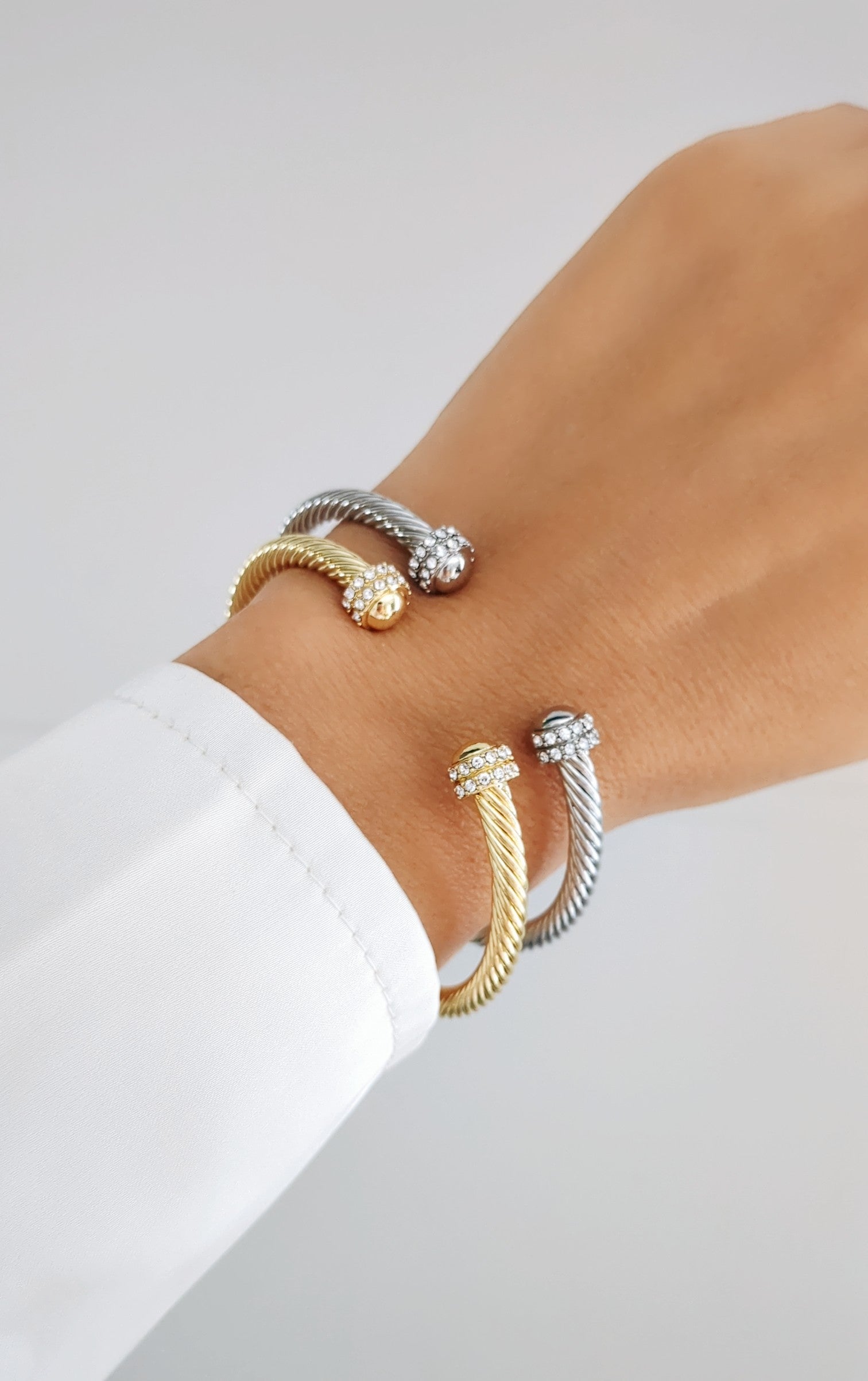 Elegant Dome Crystals Bangle featuring 18K Gold Filled material with a gold dome pattern and simulated diamonds, perfect for stacking.