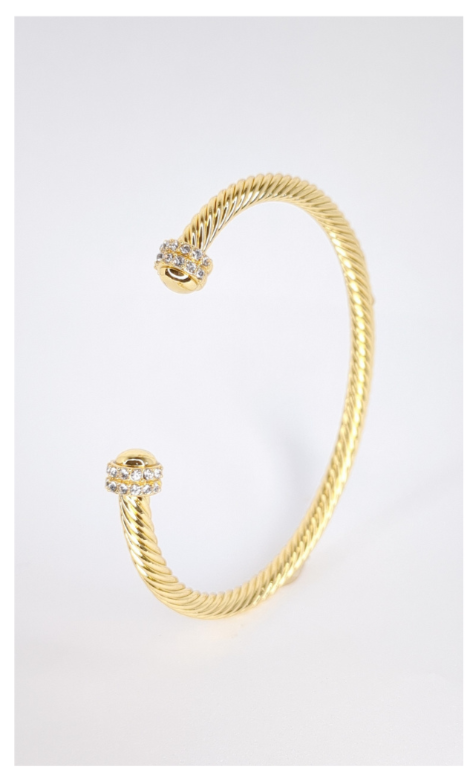 Elegant Dome Crystals Bangle featuring 18K Gold Filled material with a gold dome pattern and simulated diamonds, perfect for stacking.