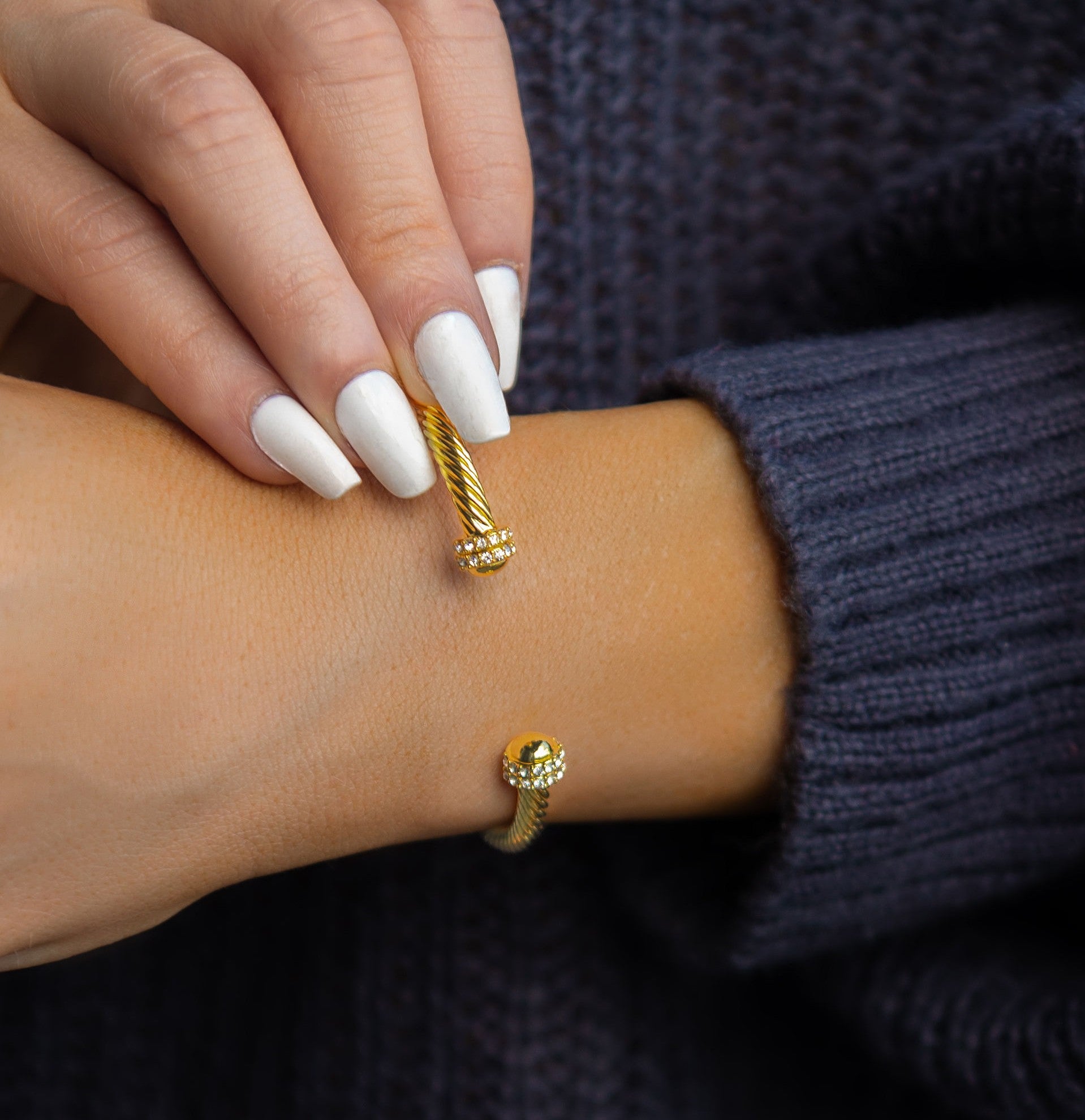 Elegant Dome Crystals Bangle featuring 18K Gold Filled material with a gold dome pattern and simulated diamonds, perfect for stacking.