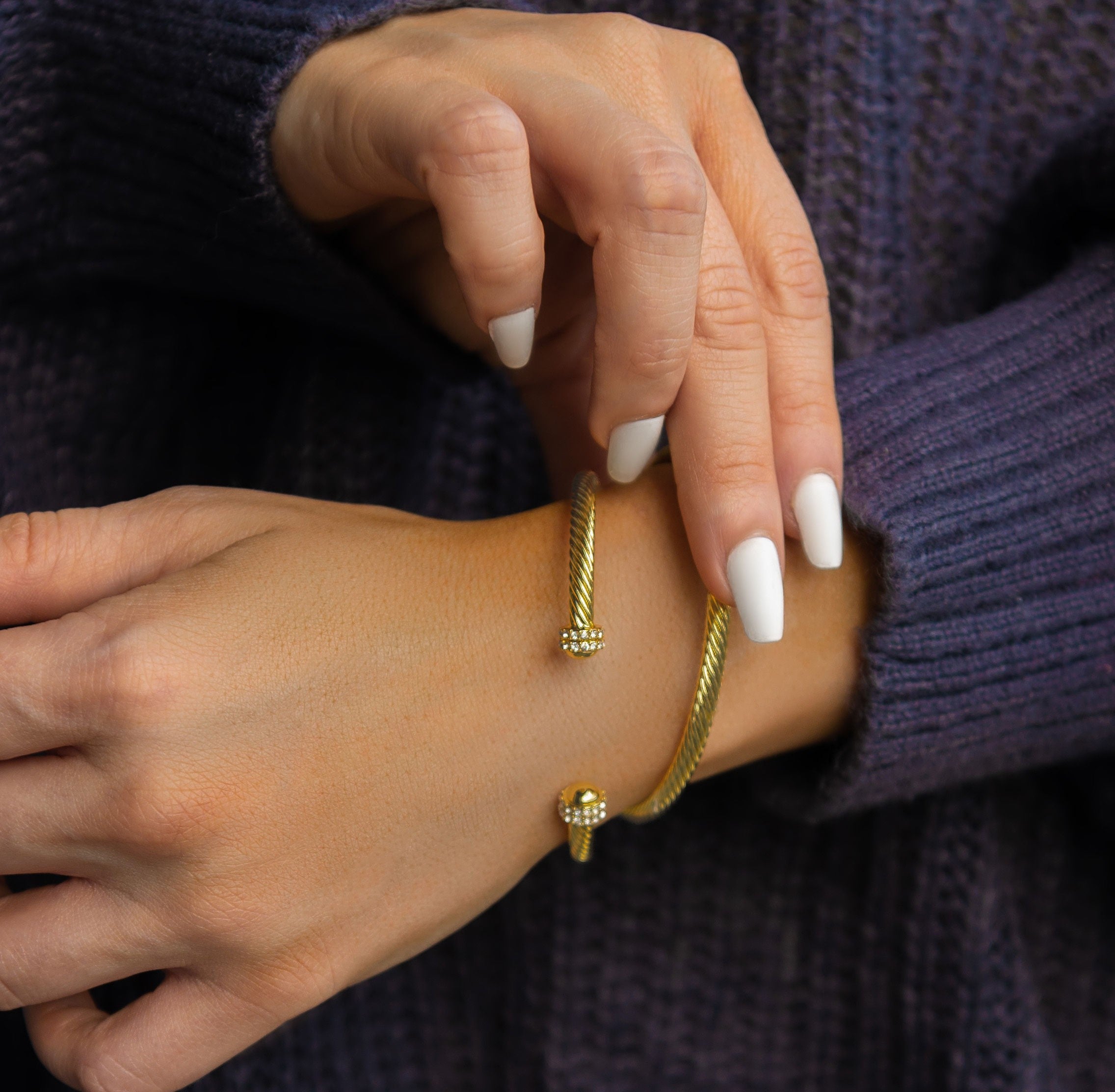 Elegant Dome Crystals Bangle featuring 18K Gold Filled material with a gold dome pattern and simulated diamonds, perfect for stacking.