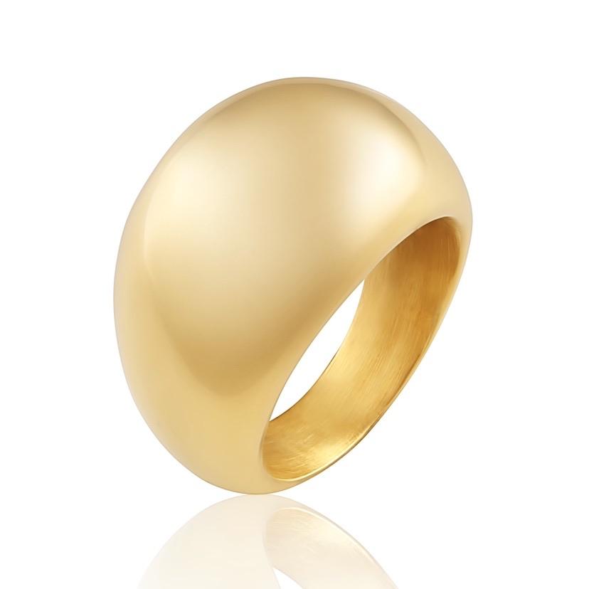 A sleek gold dome ring with a polished finish, showcasing its elegant design and shiny surface.