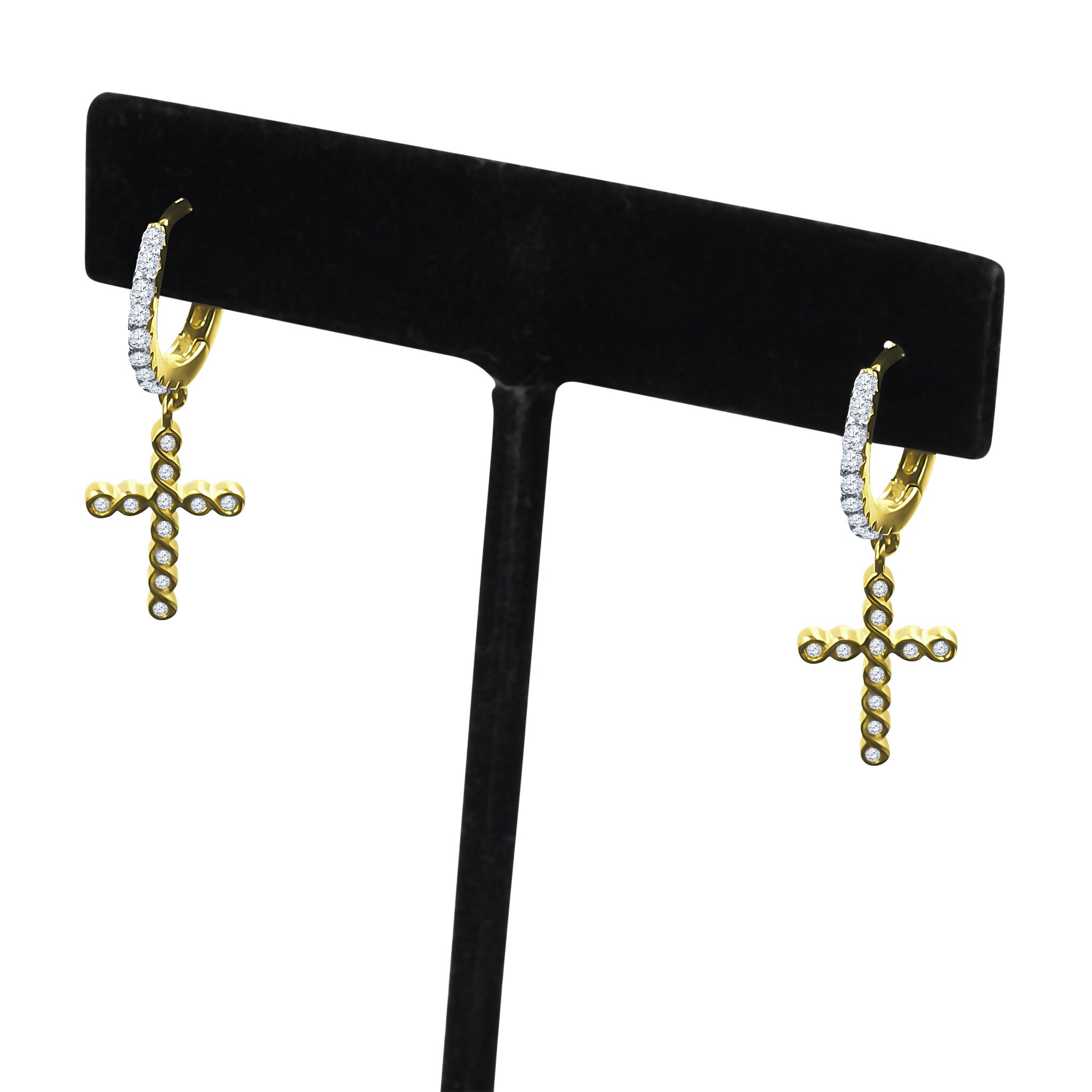 DOMINIQUE Silver Earrings featuring a cross design and cubic zirconia embellishments, elegantly displayed on a soft background.