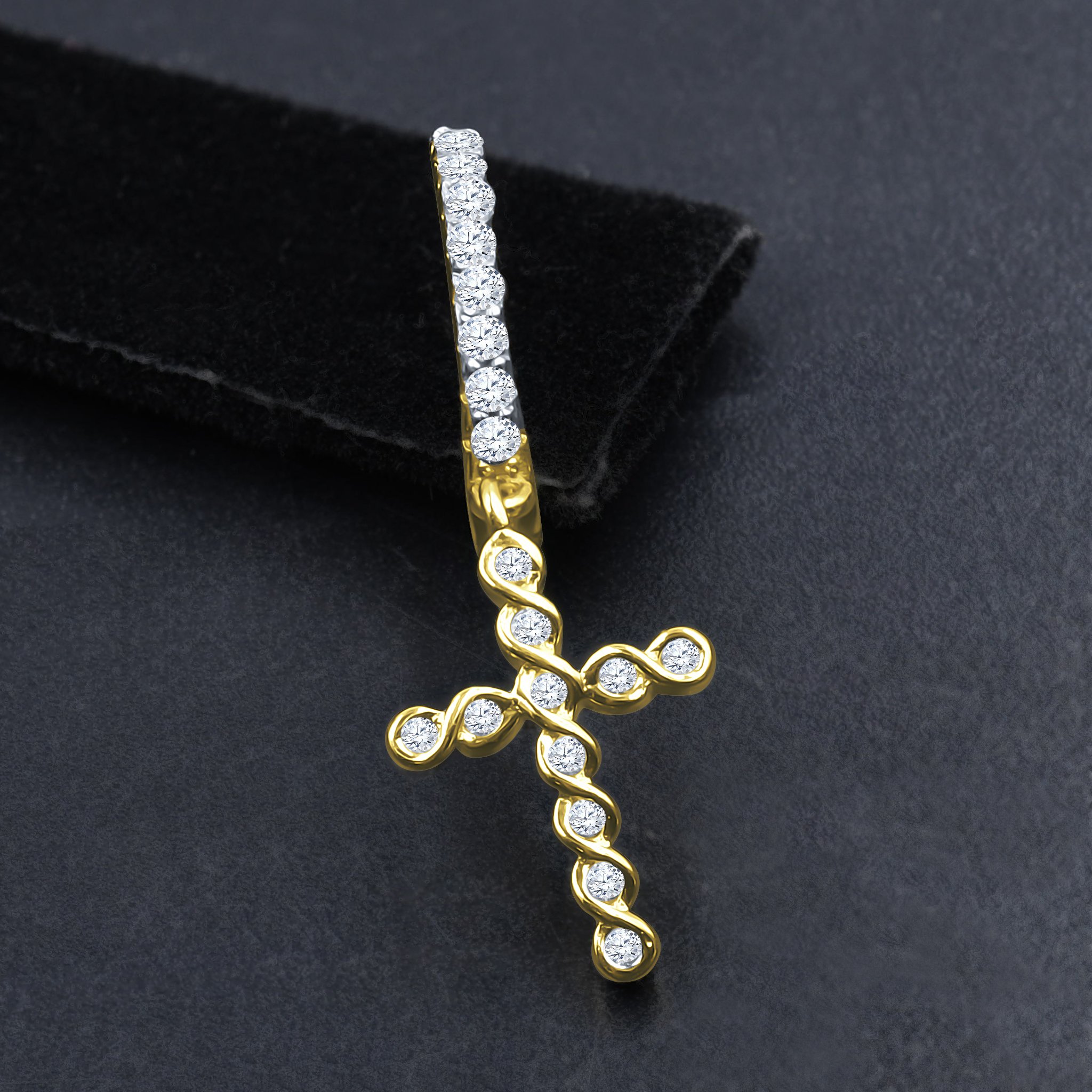 DOMINIQUE Silver Earrings featuring a cross design and cubic zirconia embellishments, elegantly displayed on a soft background.