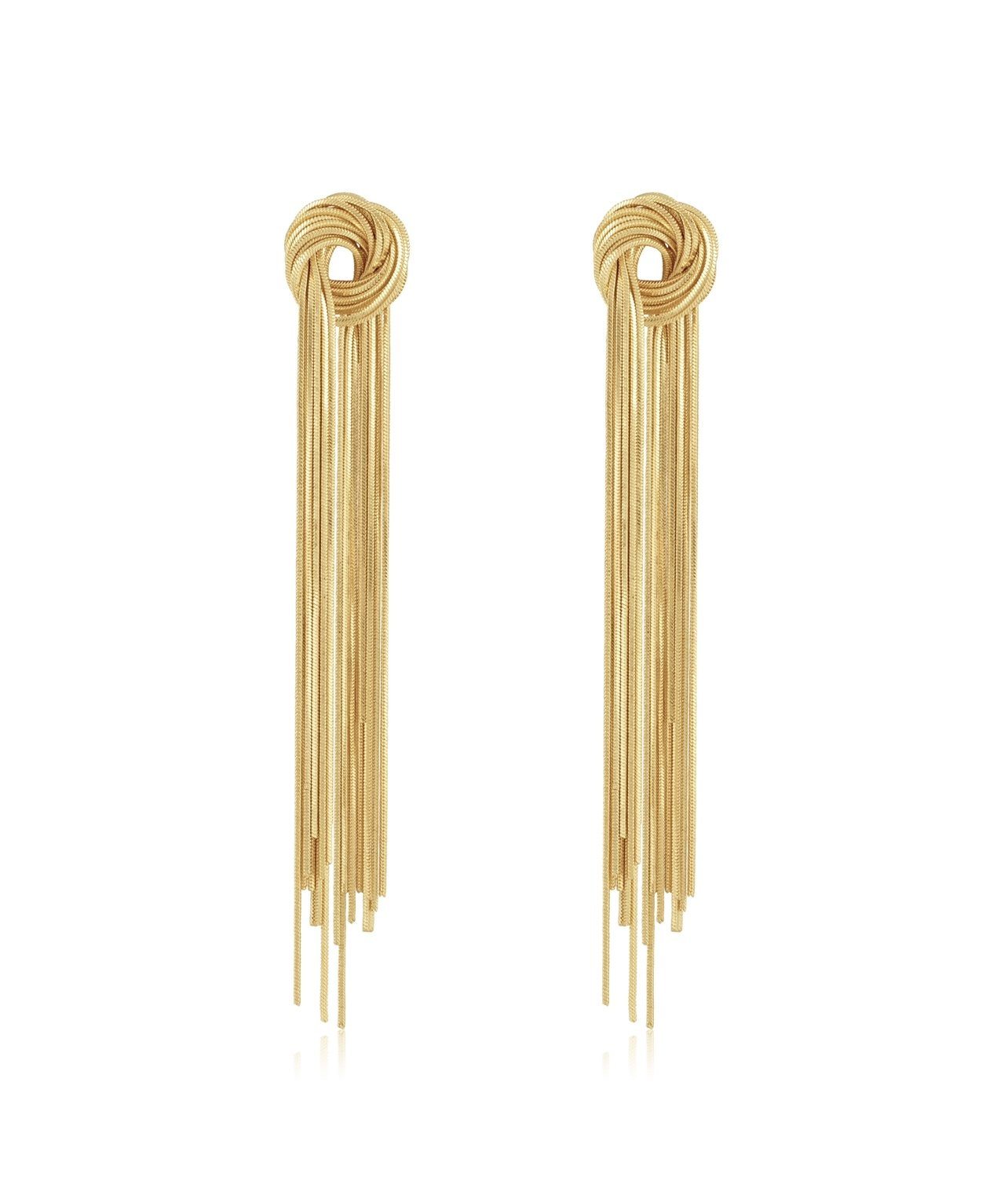 Elegant Dominique Statement Earrings featuring a 4-inch drop, crafted from 18k gold plated stainless steel, perfect for any occasion.