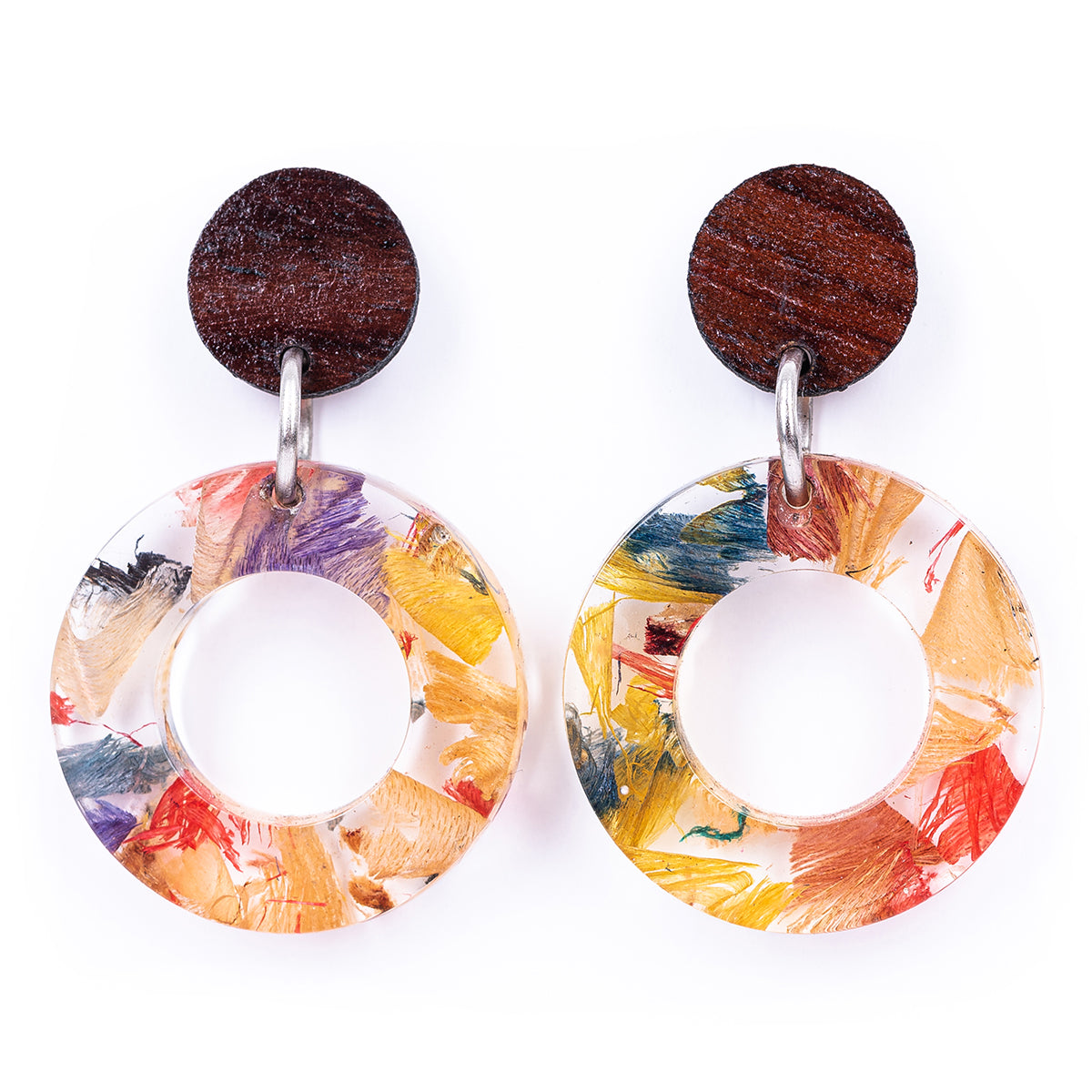 Donatello Urban Statement Resin Earrings featuring vibrant colors from recycled skateboard wood shavings and plant resin in a hoop design.